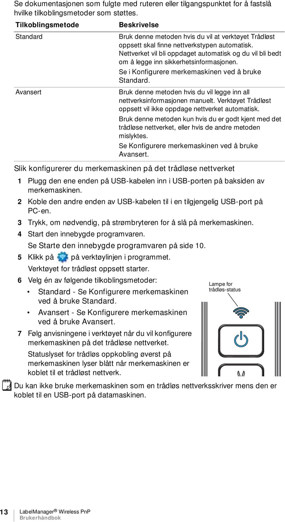 Nettverket vil bli oppdaget automatisk og du vil bli bedt om å legge inn sikkerhetsinformasjonen. Se i Konfigurere merkemaskinen ved å bruke Standard.