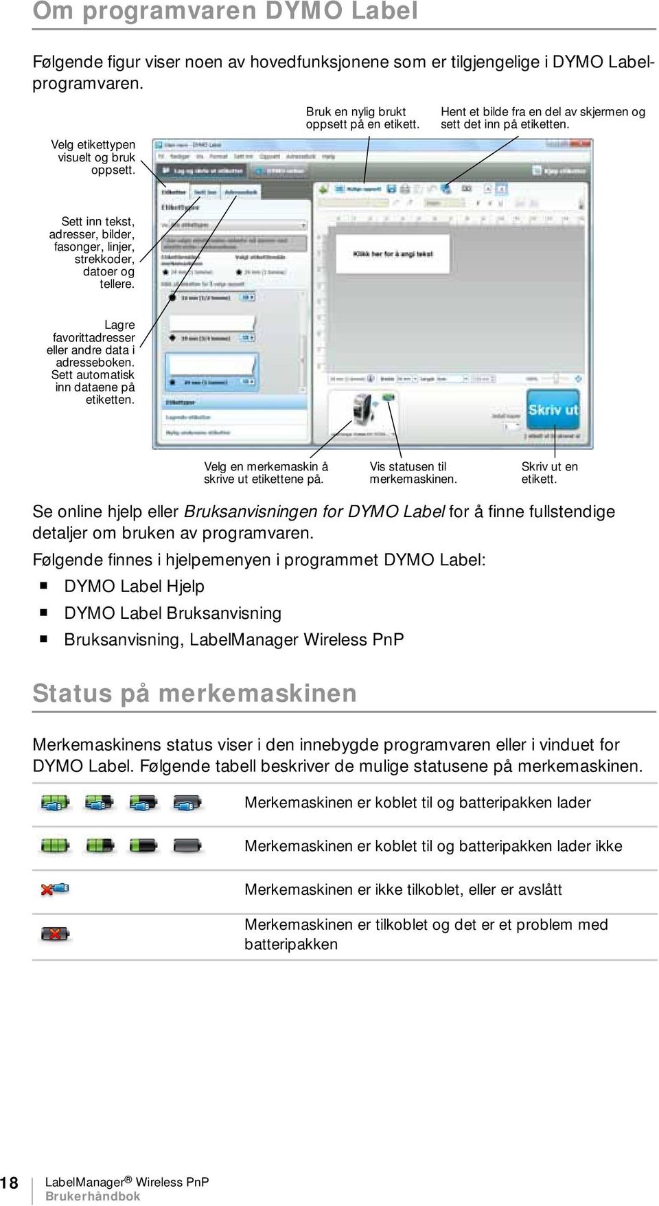 Lagre favorittadresser eller andre data i adresseboken. Sett automatisk inn dataene på etiketten. Velg en merkemaskin å skrive ut etikettene på. Vis statusen til merkemaskinen. Skriv ut en etikett.