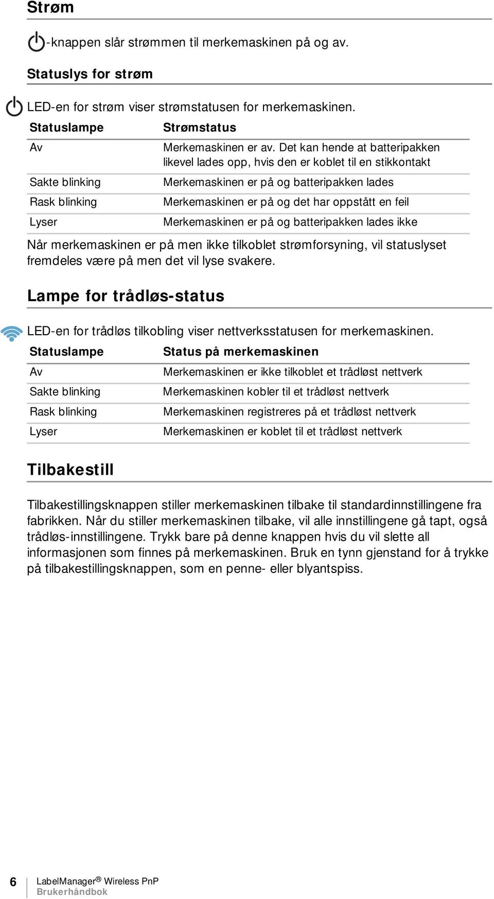 en feil Lyser Merkemaskinen er på og batteripakken lades ikke Når merkemaskinen er på men ikke tilkoblet strømforsyning, vil statuslyset fremdeles være på men det vil lyse svakere.