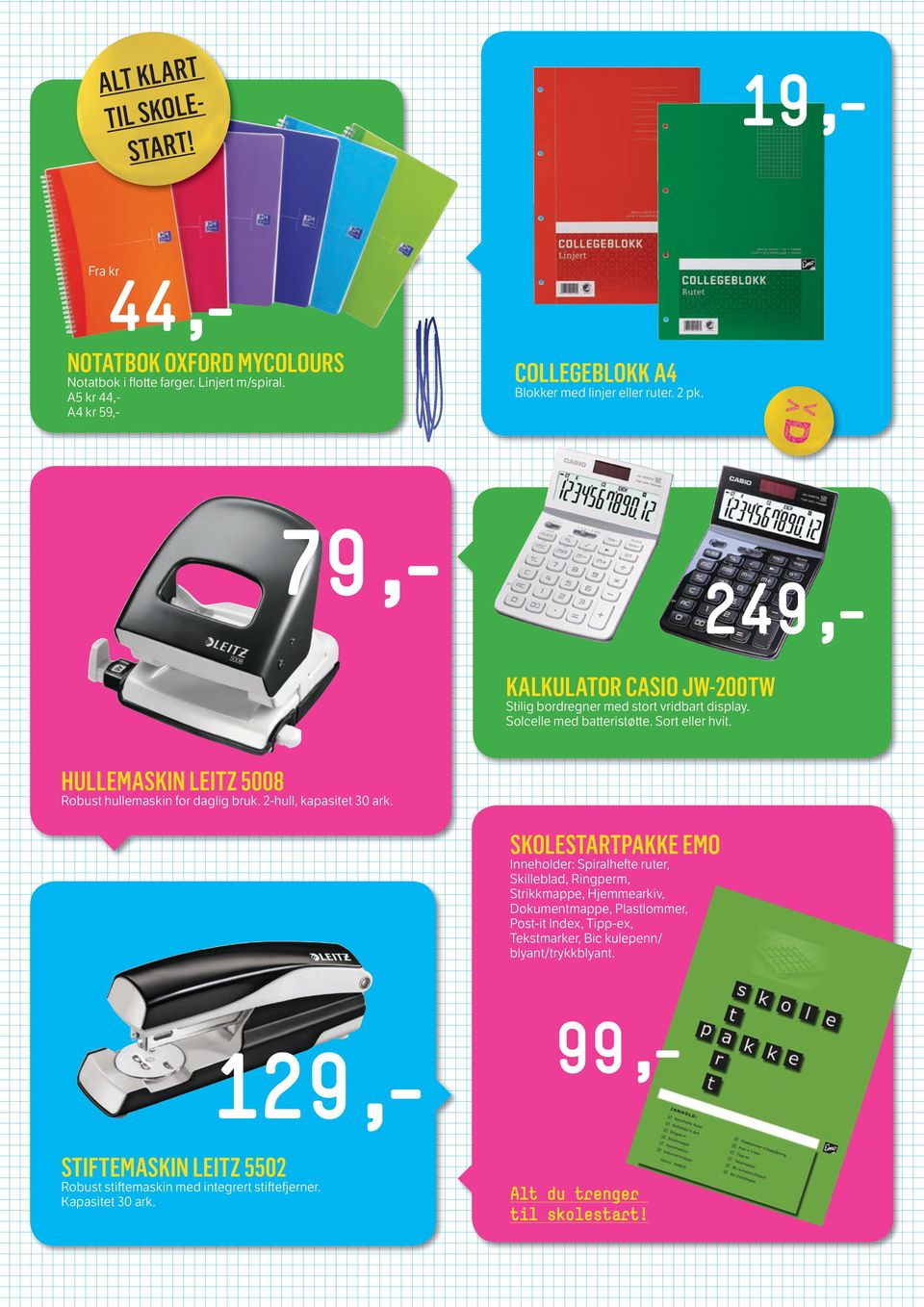 Skolestartpakke Emo Inneholder: Spiralhefte ruter, Skilleblad, Ringperm, Strikkmappe, Hjemmearkiv, okumentmappe, Plastlommer, Post-it Index, Tipp-ex, Tekstmarker, Bic kulepenn/