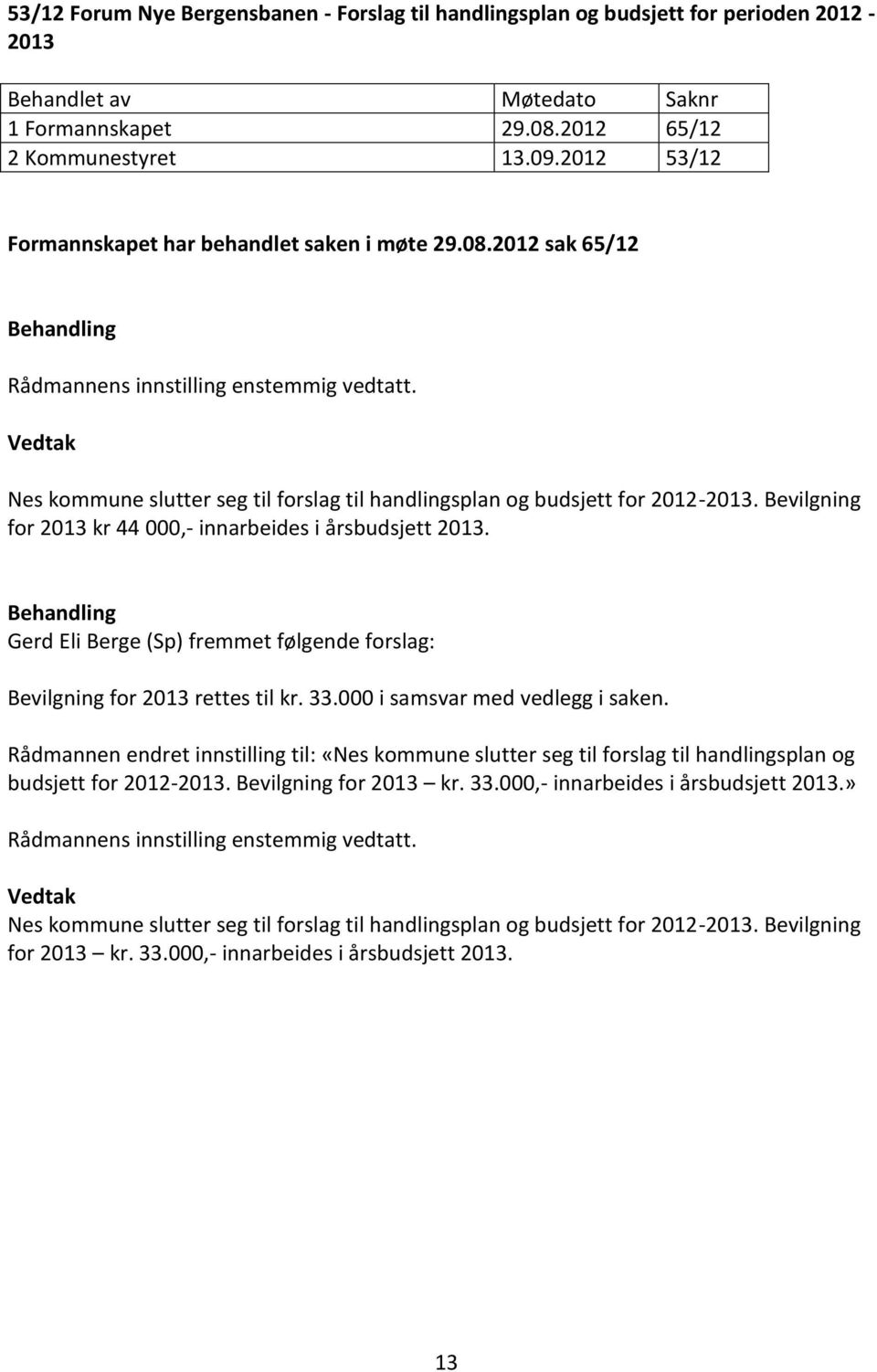 Bevilgning for 2013 kr 44 000,- innarbeides i årsbudsjett 2013. Gerd Eli Berge (Sp) fremmet følgende forslag: Bevilgning for 2013 rettes til kr. 33.000 i samsvar med vedlegg i saken.