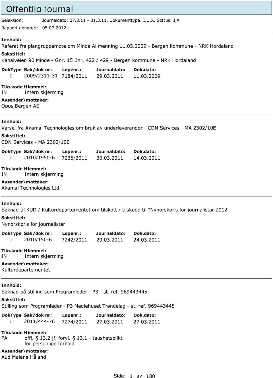 2009 Varsel fra Akamai Technologies om bruk av underleverandør - CDN Services - MA 2302/10E CDN Services - MA 2302/10E N 2010/1950-6 7235/2011 ntern skjerming Akamai Technologies Ltd 14.03.