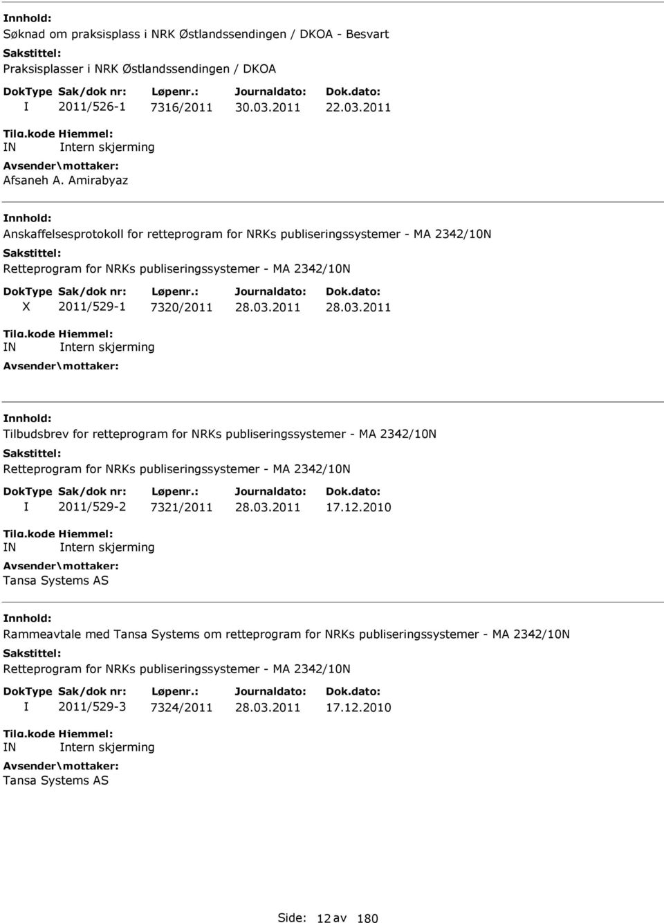 Tilbudsbrev for retteprogram for NRKs publiseringssystemer - MA 2342/10N Retteprogram for NRKs publiseringssystemer - MA 2342/10N N 2011/529-2 7321/2011 ntern skjerming Tansa Systems AS 17.12.