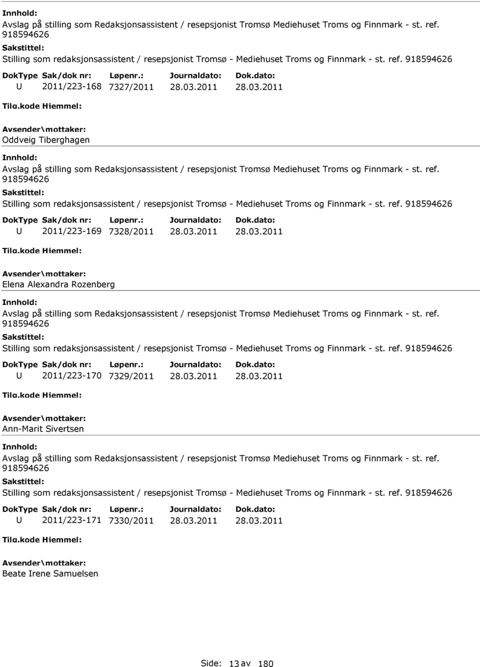 918594626 2011/223-168 7327/2011 Oddveig Tiberghagen   918594626 2011/223-169 7328/2011 Elena Alexandra Rozenberg   918594626 2011/223-170 7329/2011 Ann-Marit Sivertsen   918594626 2011/223-171