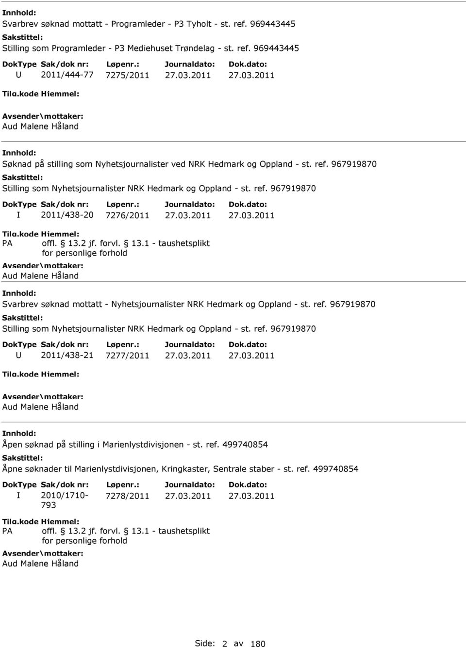 2011 27.03.2011 Aud Malene Håland Svarbrev søknad mottatt - Nyhetsjournalister NRK Hedmark og Oppland - st. ref. 967919870 Stilling som Nyhetsjournalister NRK Hedmark og Oppland - st. ref. 967919870 2011/438-21 7277/2011 27.