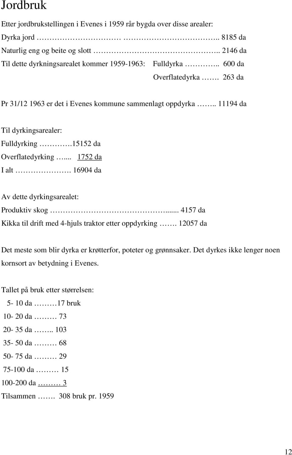 . 11194 da Til dyrkingsarealer: Fulldyrking.15152 da Overflatedyrking... 1752 da I alt. 16904 da Av dette dyrkingsarealet: Produktiv skog.