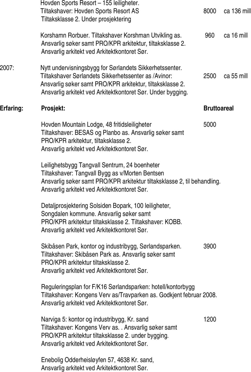 Tiltakshaver Sørlandets Sikkerhetssenter as /Avinor: 2500 ca 55 mill Ansvarlig søker samt PRO/KPR arkitektur, tiltaksklasse 2. Under bygging.