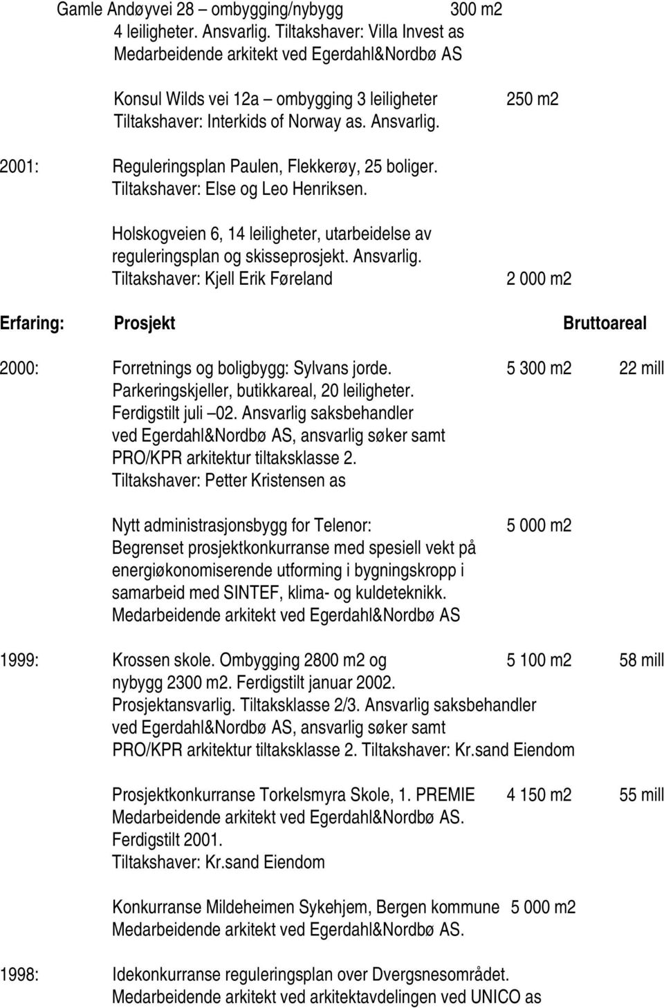 250 m2 2001: Reguleringsplan Paulen, Flekkerøy, 25 boliger. Tiltakshaver: Else og Leo Henriksen. Holskogveien 6, 14 leiligheter, utarbeidelse av reguleringsplan og skisseprosjekt. Ansvarlig.