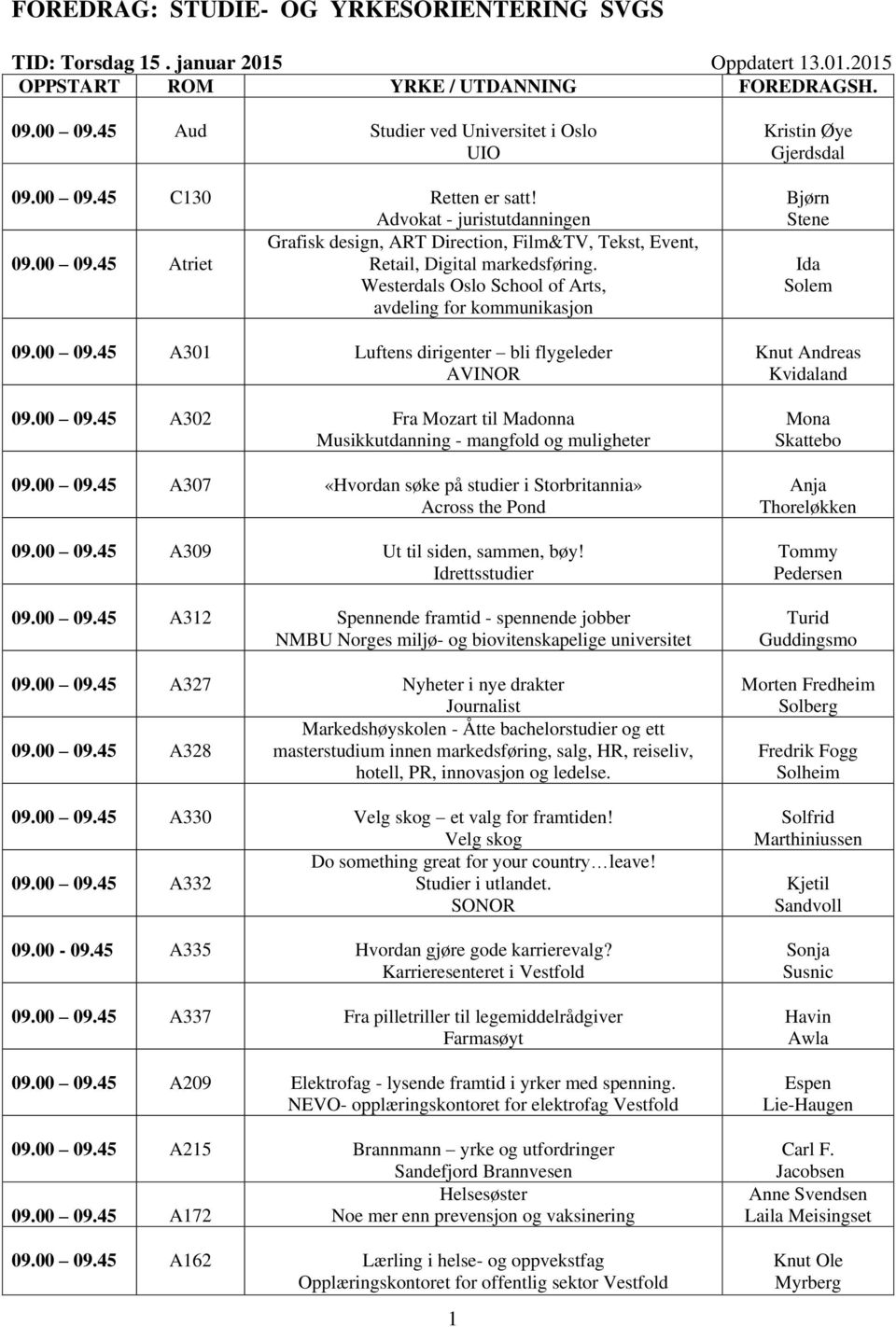 00 09.45 A302 Fra Mozart til Madonna Musikkutdanning - mangfold og muligheter 09.00 09.45 A307 «Hvordan søke på studier i Storbritannia» Across the Pond 09.00 09.45 A309 Ut til siden, sammen, bøy!