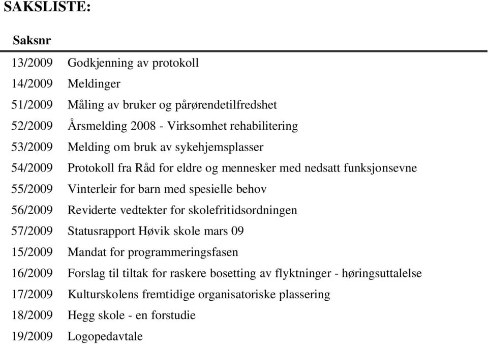 spesielle behov 56/2009 Reviderte vedtekter for skolefritidsordningen 57/2009 Statusrapport Høvik skole mars 09 15/2009 Mandat for programmeringsfasen 16/2009 Forslag