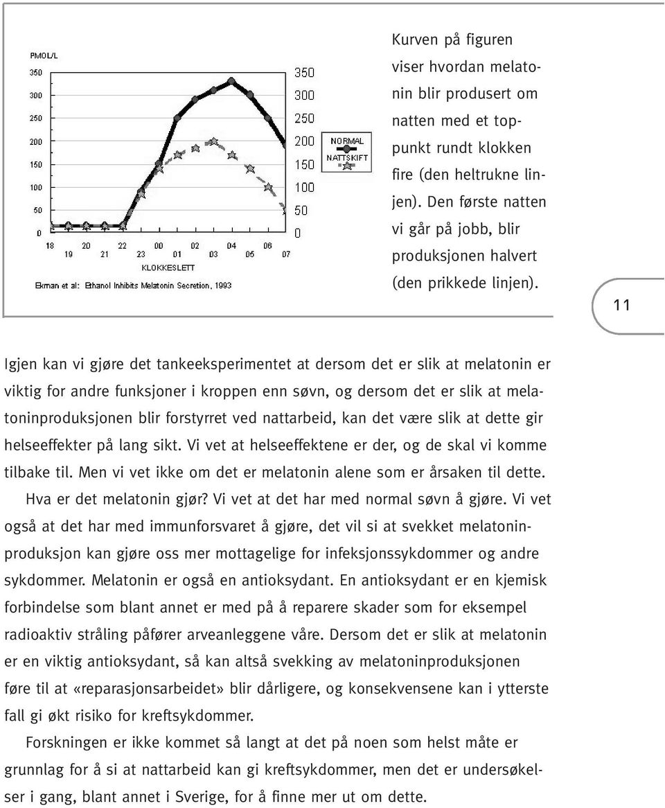 11 Igjen kan vi gjøre det tankeeksperimentet at dersom det er slik at melatonin er viktig for andre funksjoner i kroppen enn søvn, og dersom det er slik at melatoninproduksjonen blir forstyrret ved