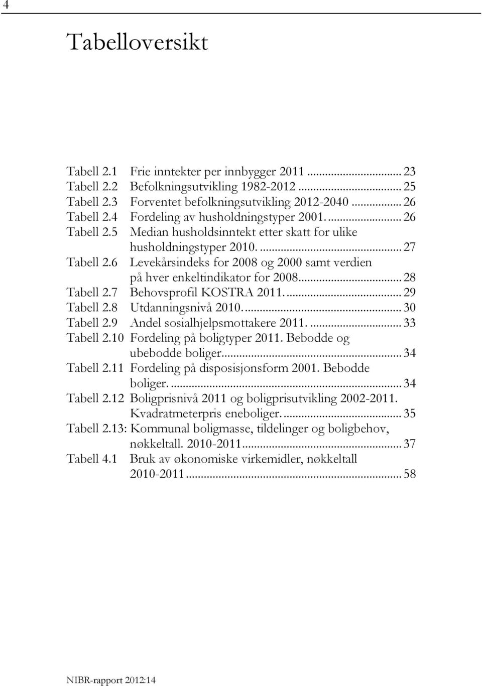 6 Levekårsindeks for 2008 og 2000 samt verdien på hver enkeltindikator for 2008... 28 Tabell 2.7 Behovsprofil KOSTRA 2011... 29 Tabell 2.8 Utdanningsnivå 2010... 30 Tabell 2.