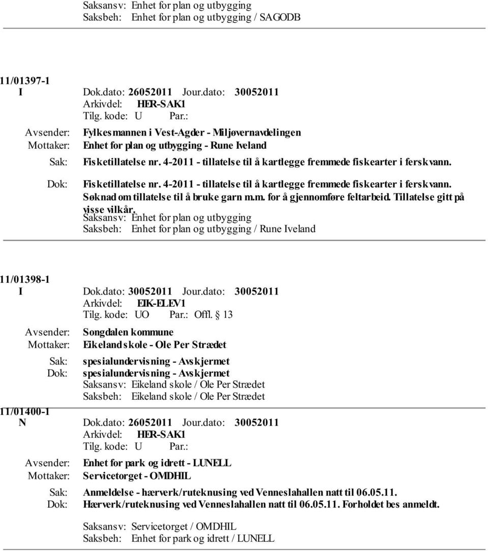 Fisketillatelse nr. 4-2011 - tillatelse til å kartlegge fremmede fiskearter i ferskvann. Søknad om tillatelse til å bruke garn m.m. for å gjennomføre feltarbeid. Tillatelse gitt på visse vilkår.