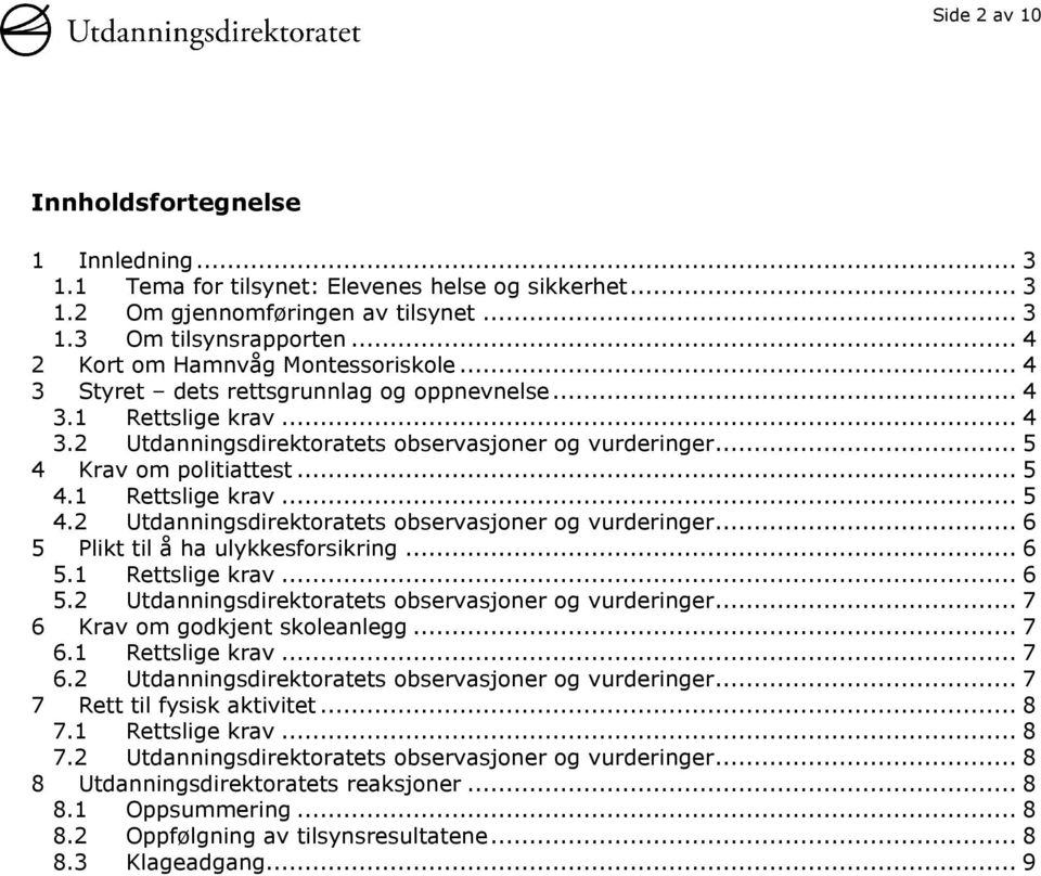 .. 5 4.1 Rettslige krav... 5 4.2 Utdanningsdirektoratets observasjoner og vurderinger... 6 5 Plikt til å ha ulykkesforsikring... 6 5.1 Rettslige krav... 6 5.2 Utdanningsdirektoratets observasjoner og vurderinger... 7 6 Krav om godkjent skoleanlegg.