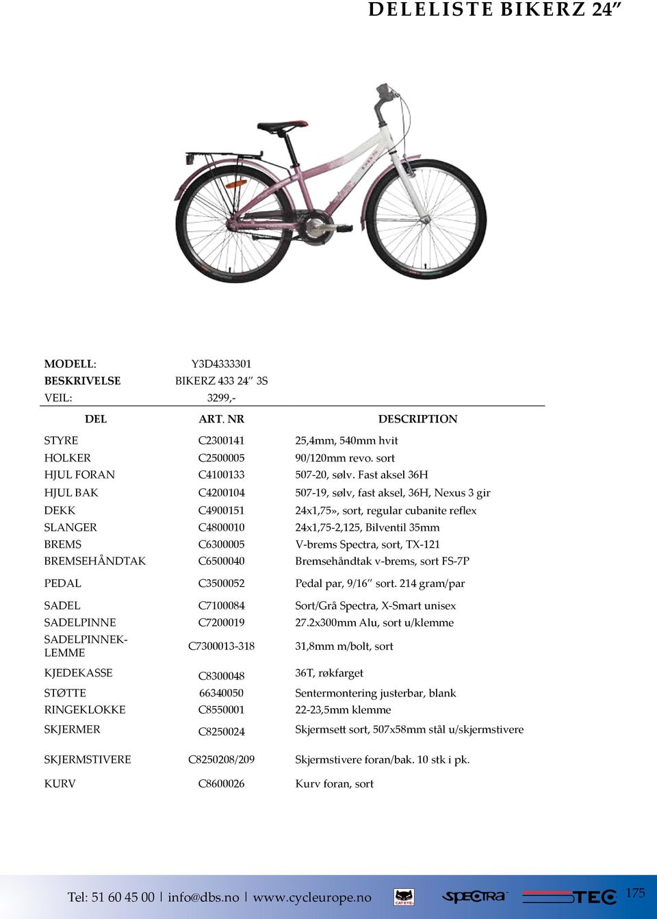 Spectra, sort, TX-121 BREMSEHÅNDTAK C6500040 Bremsehåndtak v-brems, sort FS-7P PEDAL C3500052 Pedal par, 9/16 sort. 214 gram/par SADEL C7100084 Sort/Grå Spectra, X-Smart unisex SADELPINNE C7200019 27.