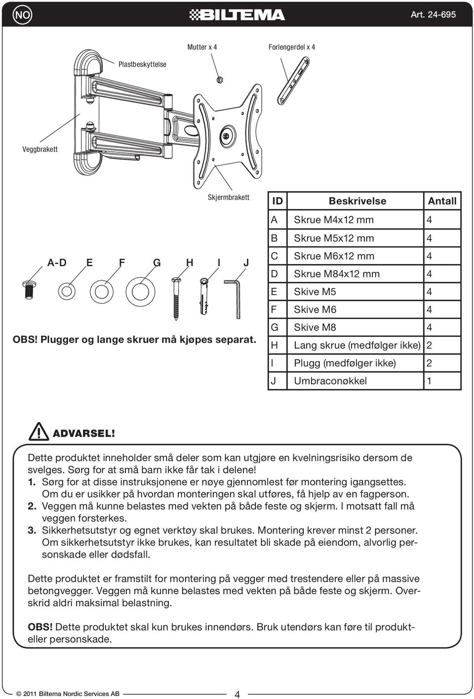 Umbraconøkkel 1 ADVARSEL! Dette produktet inneholder små deler som kan utgjøre en kvelningsrisiko dersom de svelges. Sørg for at små barn ikke får tak i delene! 1. Sørg for at disse instruksjonene er nøye gjennomlest før montering igangsettes.