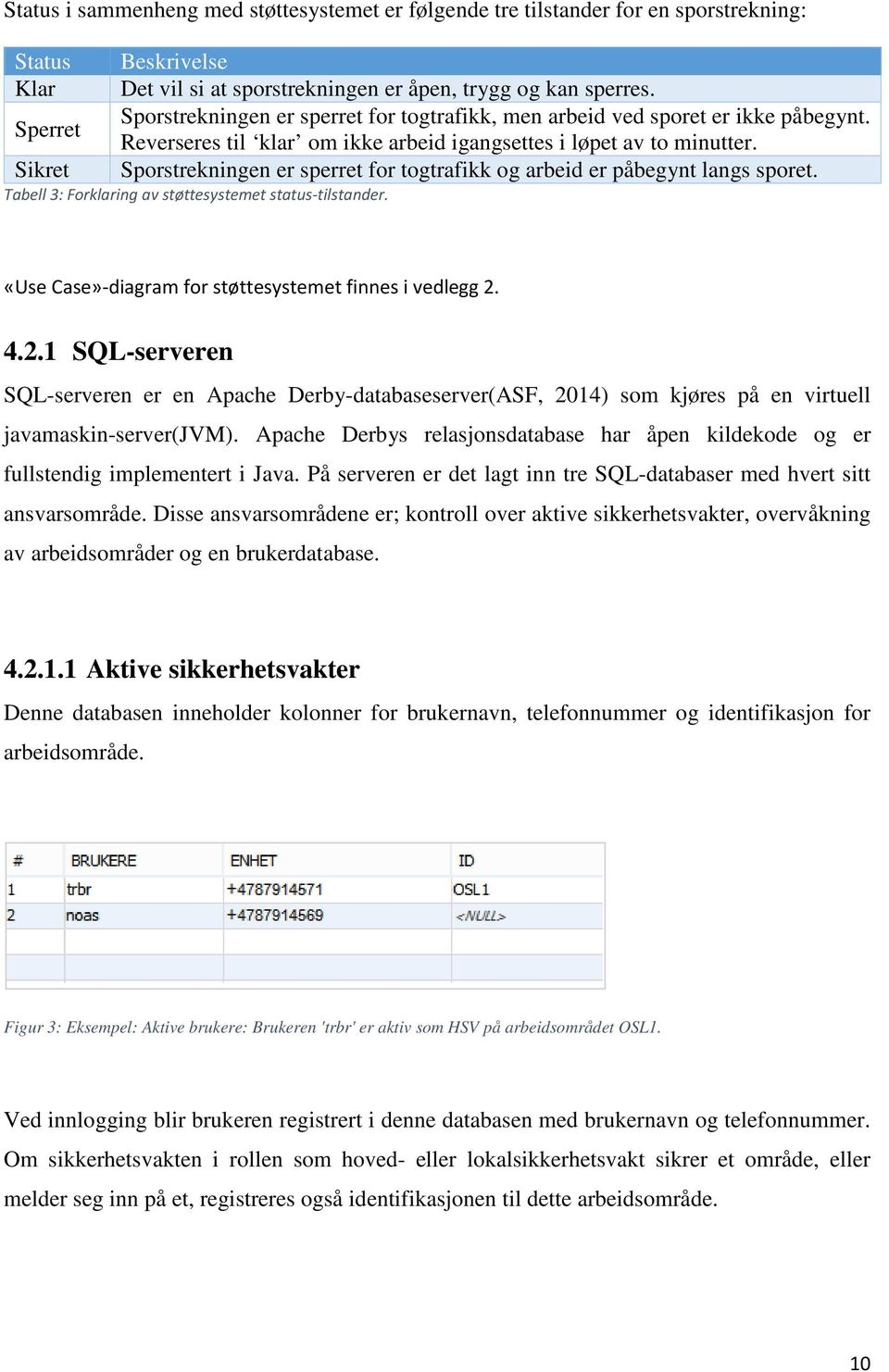 Sikret Sporstrekningen er sperret for togtrafikk og arbeid er påbegynt langs sporet. Tabell 3: Forklaring av støttesystemet status-tilstander. «Use Case»-diagram for støttesystemet finnes i vedlegg 2.