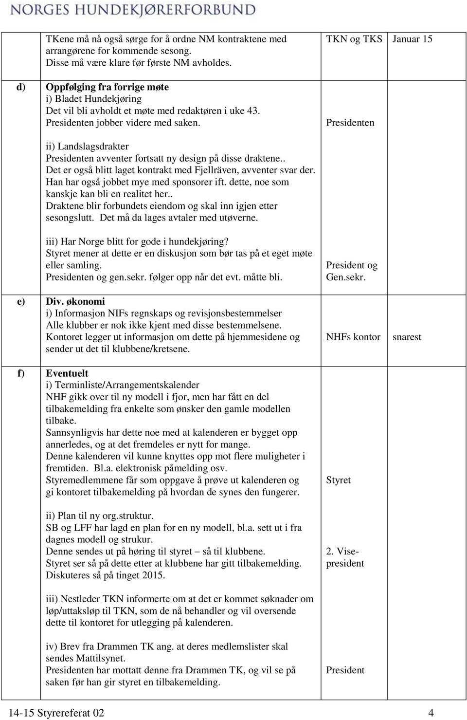 TKN og TKS Januar 15 Presidenten ii) Landslagsdrakter Presidenten avventer fortsatt ny design på disse draktene.. Det er også blitt laget kontrakt med Fjellräven, avventer svar der.