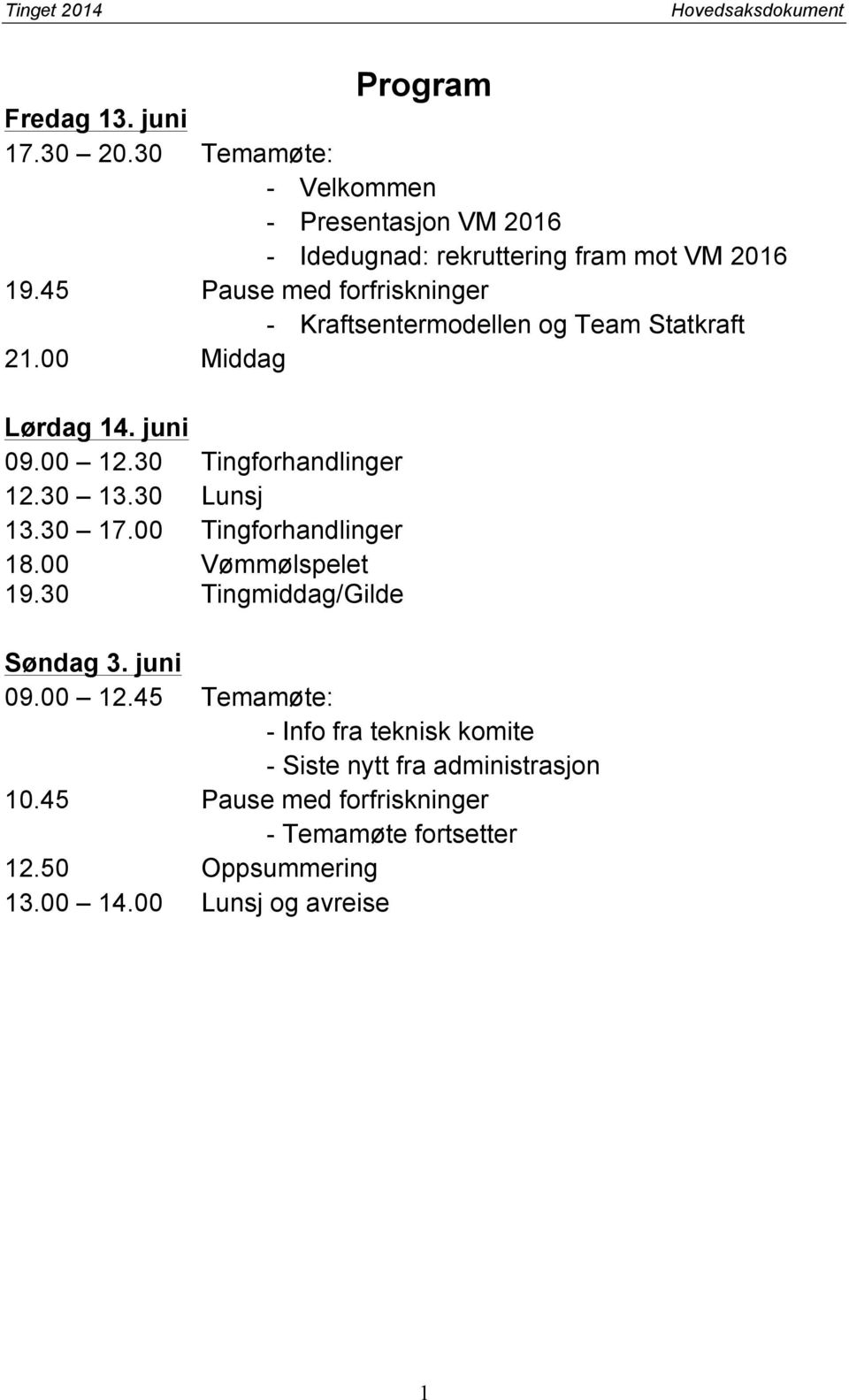 30 Lunsj 13.30 17.00 Tingforhandlinger 18.00 Vømmølspelet 19.30 Tingmiddag/Gilde Søndag 3. juni 09.00 12.
