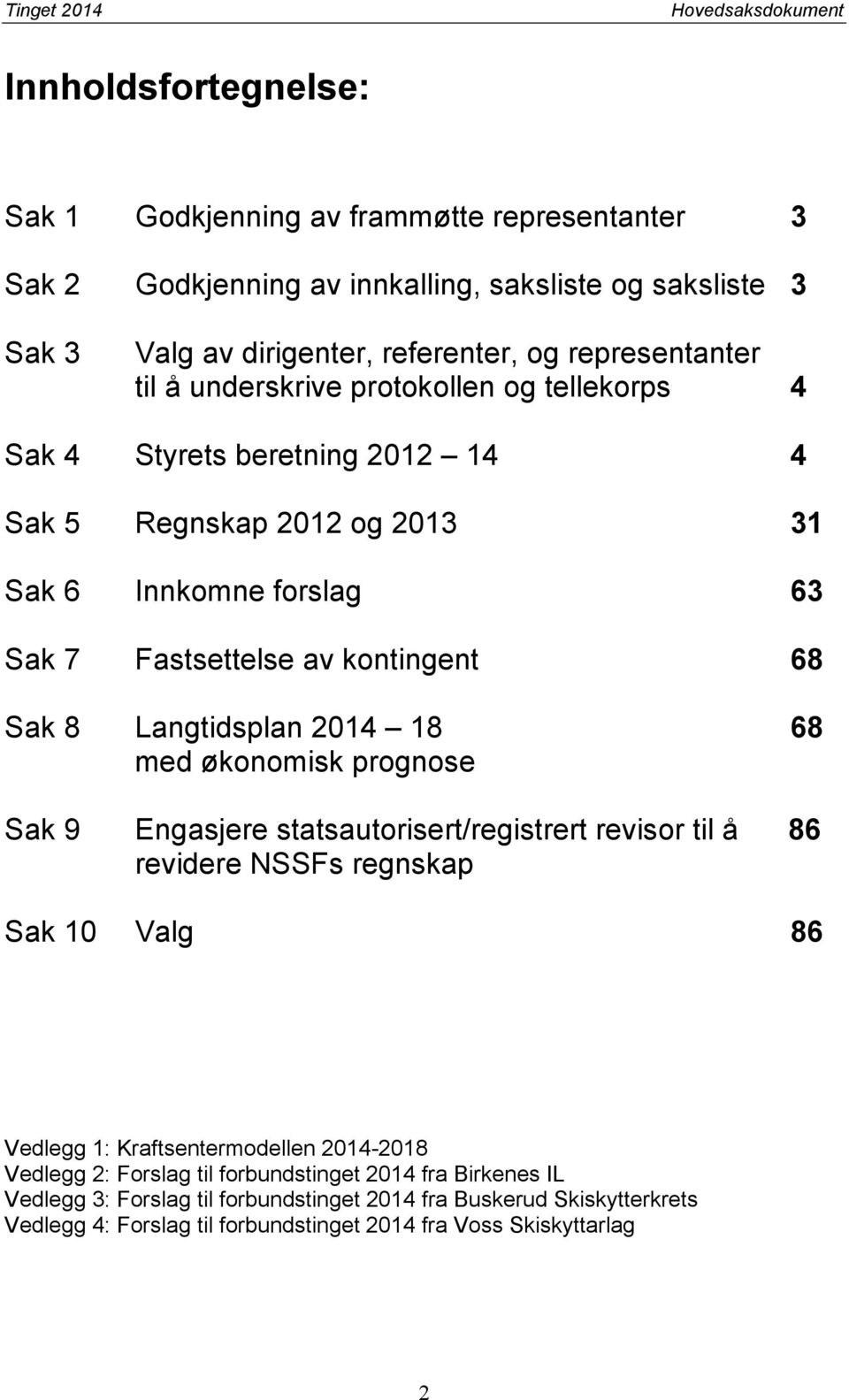 Sak 8 Langtidsplan 2014 18 68 med økonomisk prognose Sak 9 Engasjere statsautorisert/registrert revisor til å 86 revidere NSSFs regnskap Sak 10 Valg 86 Vedlegg 1: Kraftsentermodellen