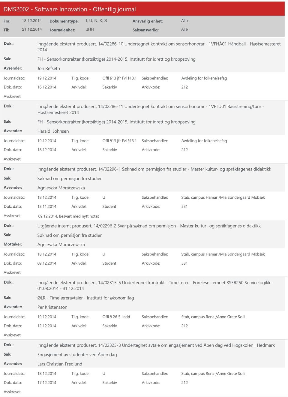 2014 Arkivdel: Sakarkiv Inngående eksternt produsert, 14/02286-11 ndertegnet kontrakt om sensorhonorar - 1VFT01 Basistrening/turn - Høstsemesteret 2014 FH - Sensorkontrakter (kortsiktige) 2014-2015,