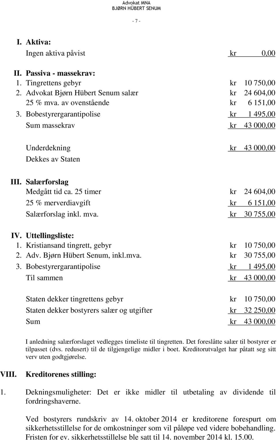 25 timer kr 24 604,00 25 % merverdiavgift kr 6 151,00 Salærforslag inkl. mva. kr 30 755,00 IV. Uttellingsliste: 1. Kristiansand tingrett, gebyr kr 10 750,00 2. Adv. Bjørn Hübert Senum, inkl.mva. kr 30 755,00 3.