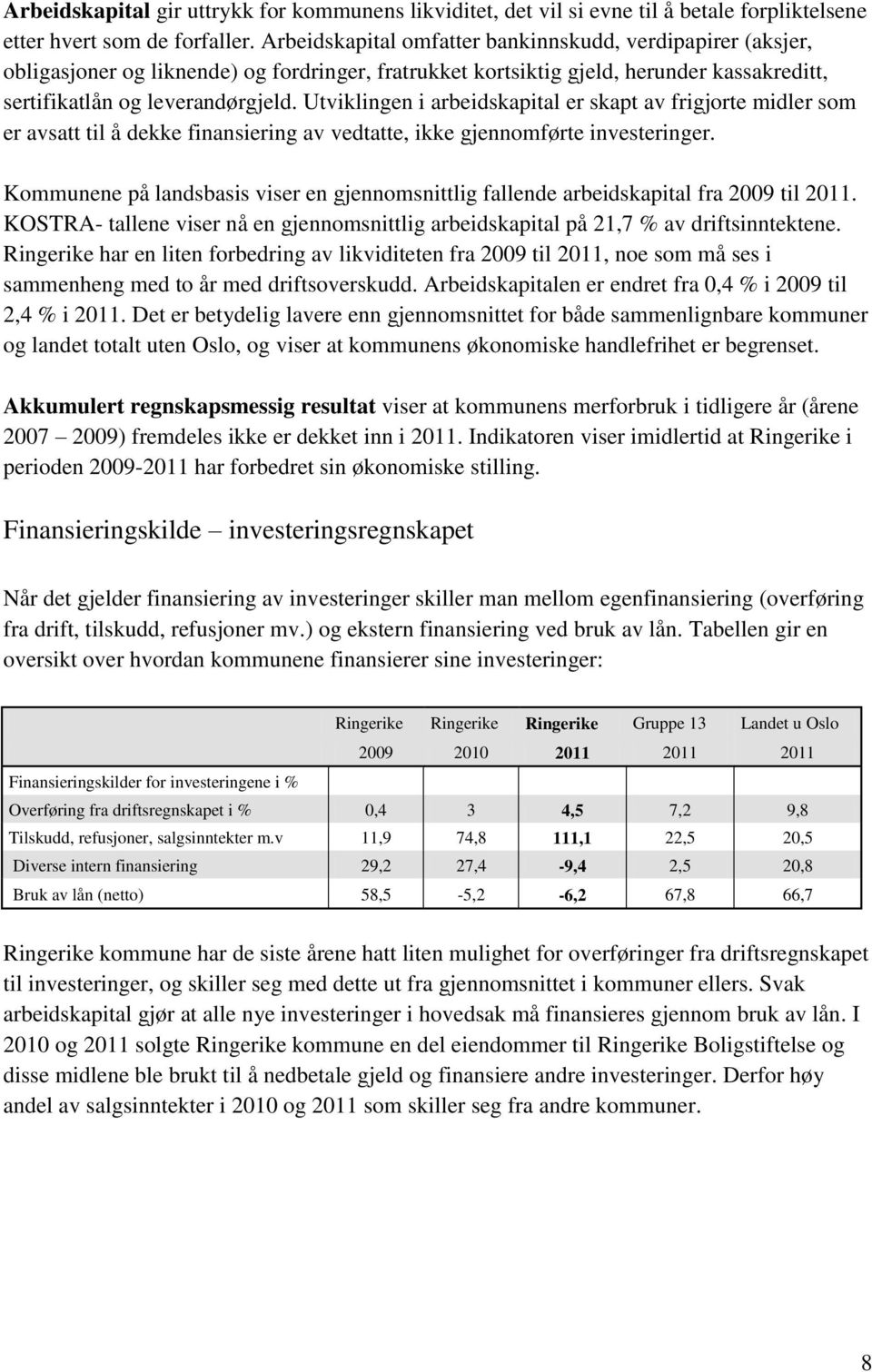 Utviklingen i arbeidskapital er skapt av frigjorte midler som er avsatt til å dekke finansiering av vedtatte, ikke gjennomførte investeringer.