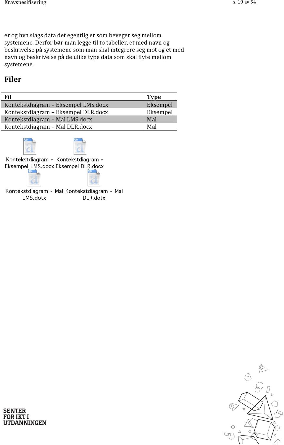 navnogbeskrivelsepådeuliketypedatasomskalflytemellom systemene. Filer Fil Kontekstdiagram EksempelLMS.docx Kontekstdiagram EksempelDLR.