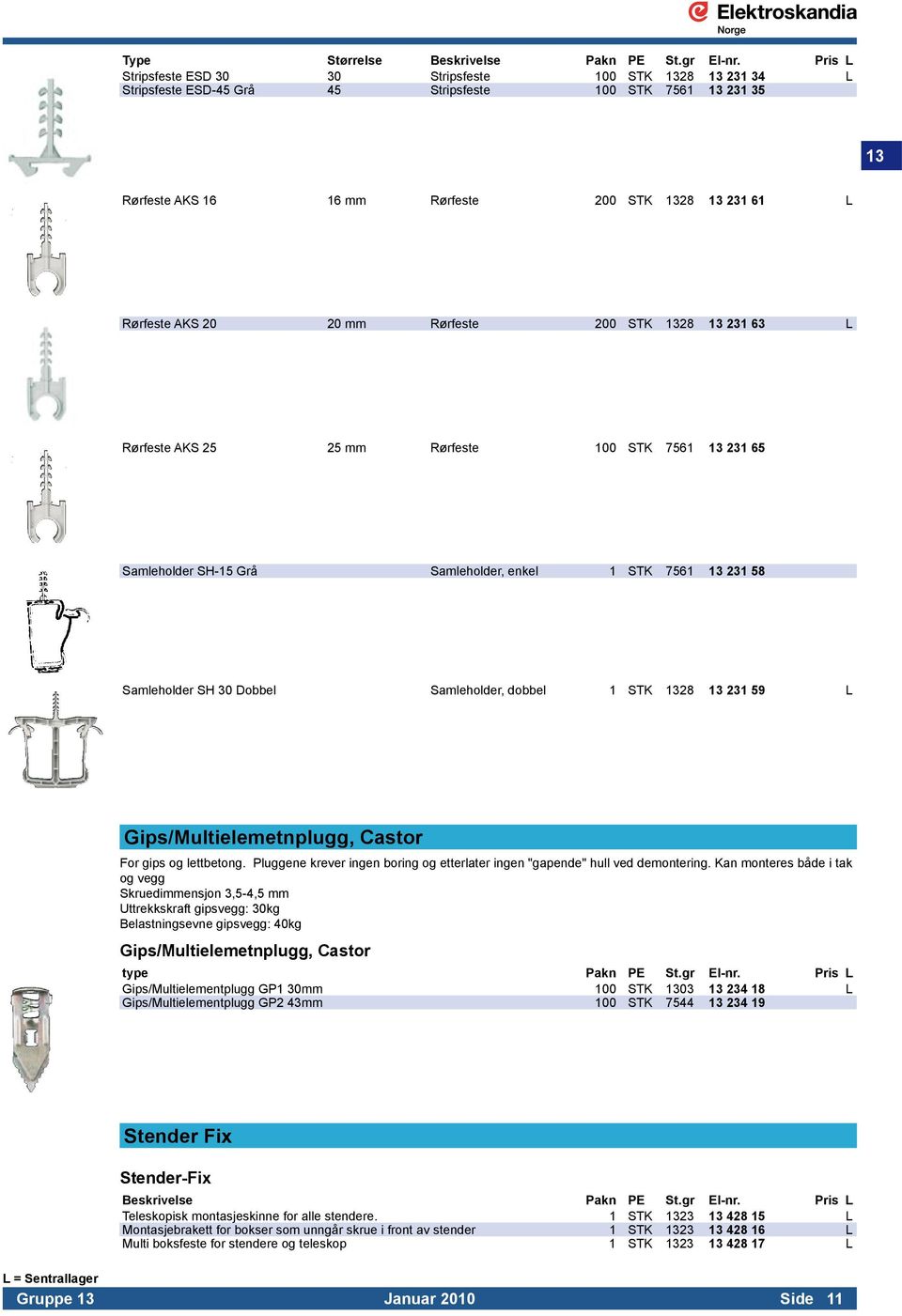 Samleholder, dobbel 1 STK 1328 13 231 59 L Gips/Multielemetnplugg, Castor For gips og lettbetong. Pluggene krever ingen boring og etterlater ingen "gapende" hull ved demontering.