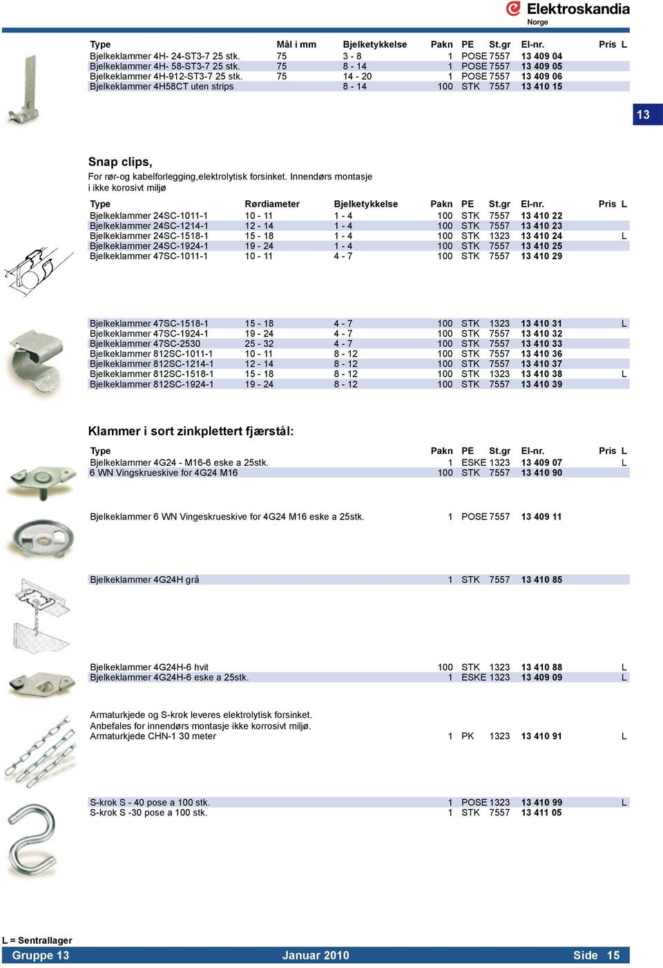 75 14-20 1 POSE 7557 13 409 06 Bjelkeklammer 4H58CT uten strips 8-14 100 STK 7557 13 410 15 13 Snap clips, For rør-og kabelforlegging,elektrolytisk forsinket. Innendørs montasje.