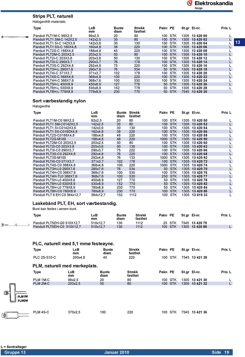 5S-C 160X4,8 160x4,8 38 220 100 STK 1305 13 420 06 L Panduit PLT2S-C 188X4,8 188x4,8 45 220 100 STK 1305 13 420 08 L Panduit PLT2M-C 203X2,5 203x2,5 50 80 100 STK 1305 13 420 10 L Panduit PLT2I-C