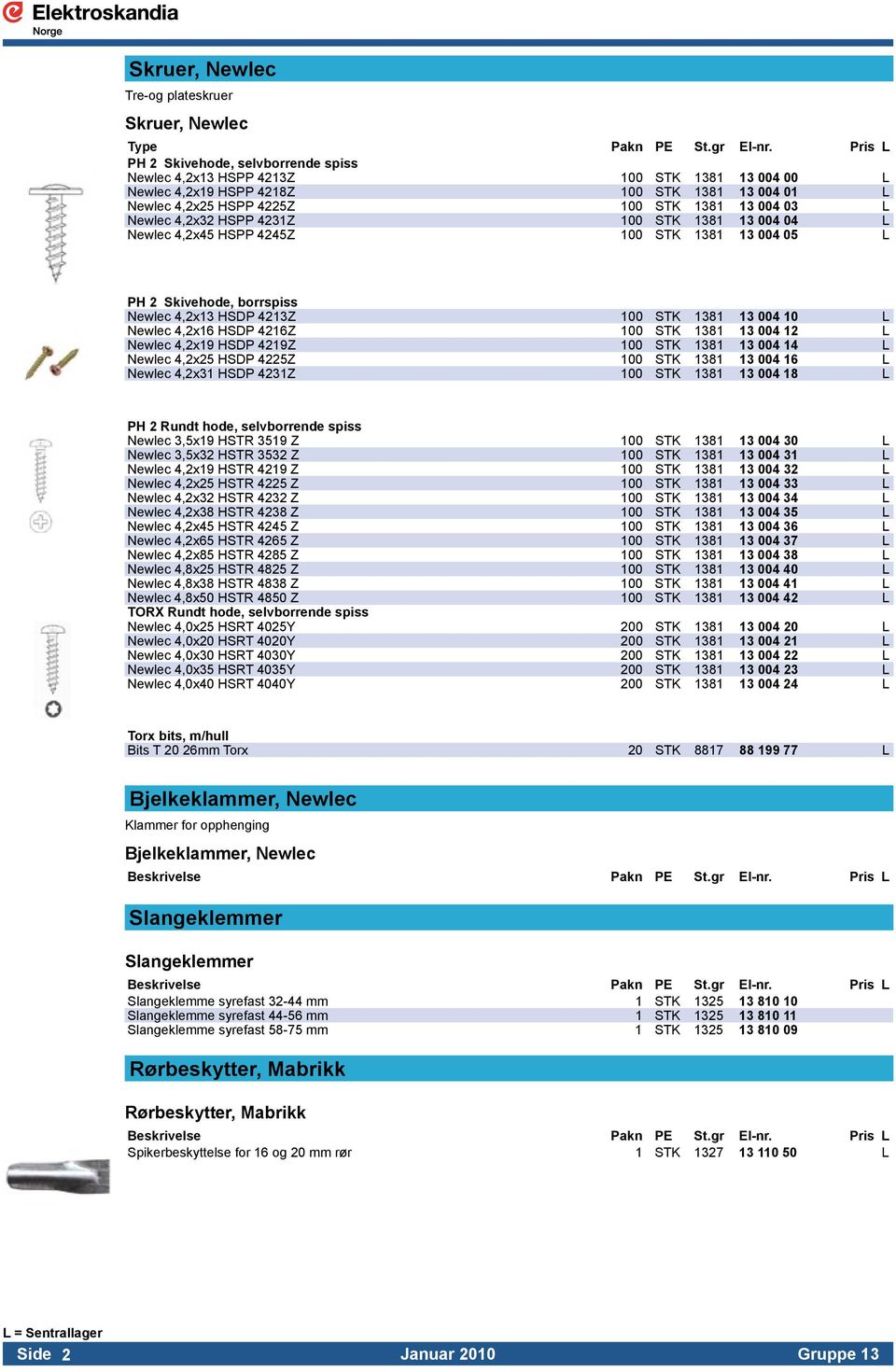 4,2x32 HSPP 4231Z 100 STK 1381 13 004 04 L Newlec 4,2x45 HSPP 4245Z 100 STK 1381 13 004 05 L PH 2 Skivehode, borrspiss Newlec 4,2x13 HSDP 4213Z 100 STK 1381 13 004 10 L Newlec 4,2x16 HSDP 4216Z 100