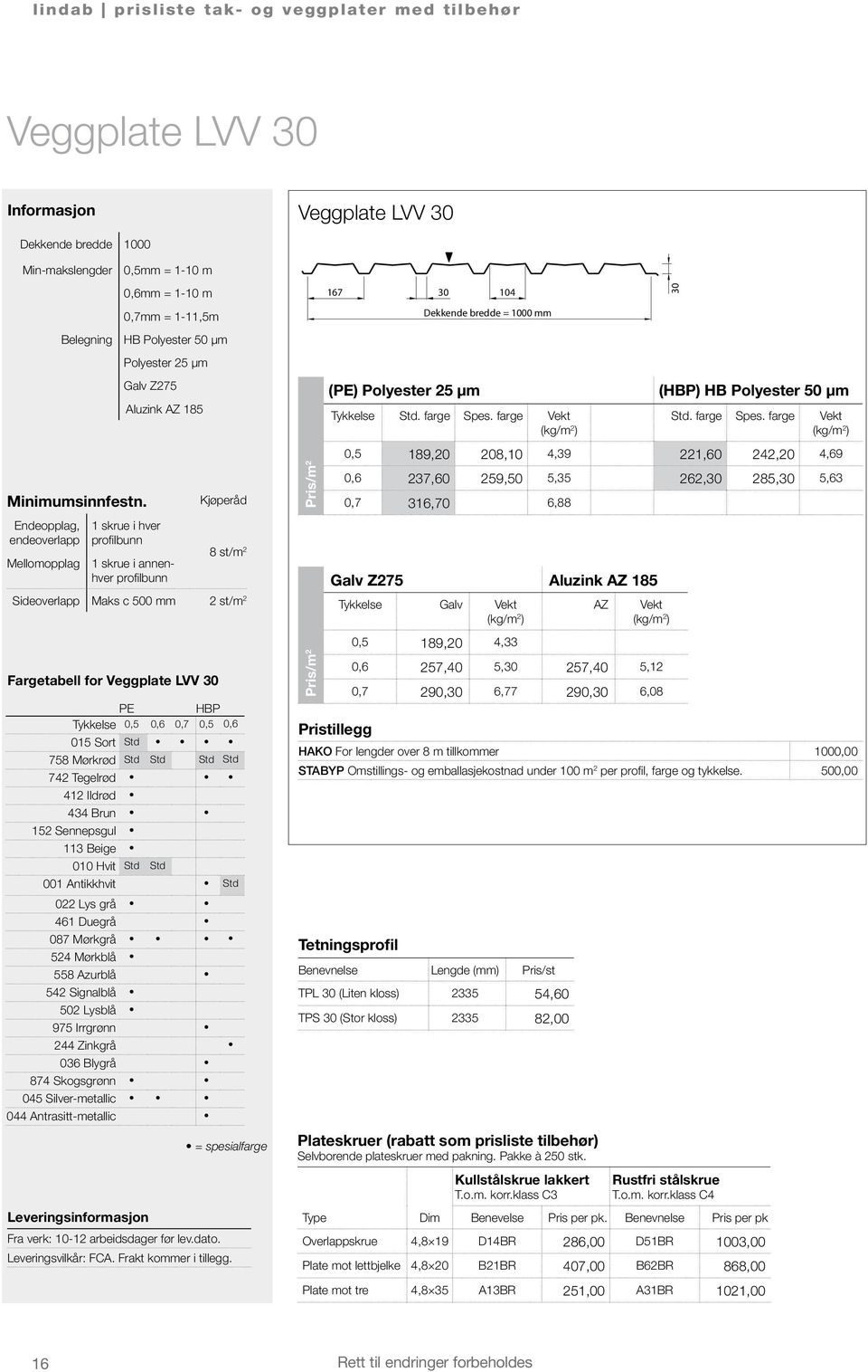 Endeopplag, endeoverlapp Mellomopplag 1 skrue i hver 1 skrue i annenhver Fargetabell for Veggplate LVV 30 Kjøperåd 8 st/m 2 Sideoverlapp Maks c 500 mm 2 st/m 2 PE HBP Tykkelse 0,5 0,6 0,7 0,5 0,6 015