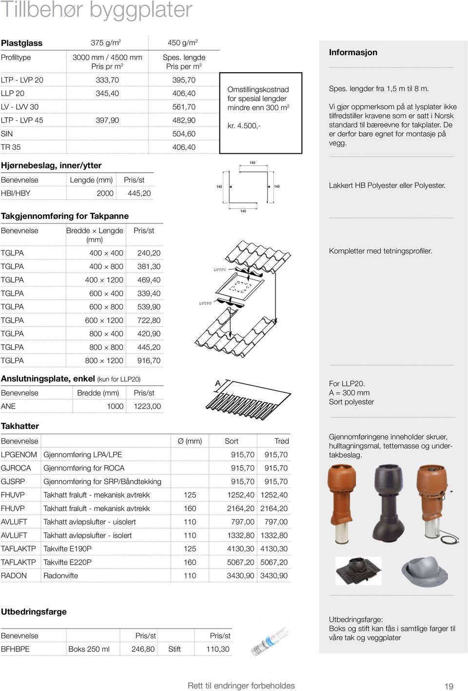 lengde Pris per m 2 LTP - LVP HB-Polyester 20 333,70 225,00 395,70 LLP 20MPE-Matt Polyester 345,40 215,00 406,40 LV - LVV 30 33,00 561,70 plåt för ventilation LTP - LVP 45 64,50 397,90 482,90 l