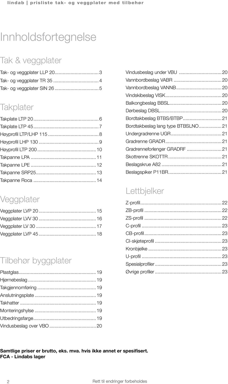 .. 13 Takpanne Roca... 14 Veggplater Veggplater LVP 20... 15 Veggplater LVV 30... 16 Veggplater LV 30... 17 Veggplater LVP 45... 18 Tilbehør byggplater Plastglas... 19 Hjørnebeslag.