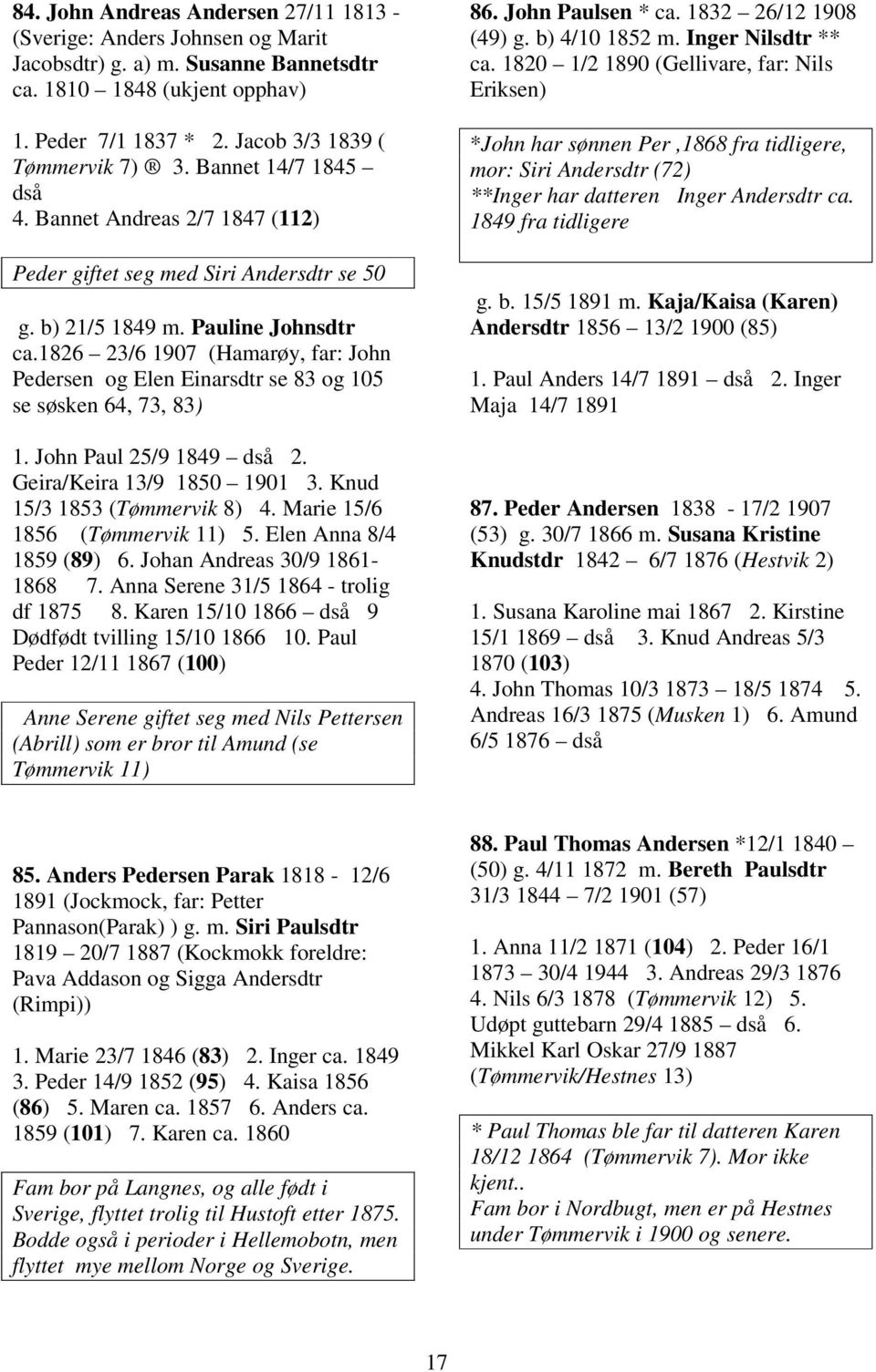 1826 23/6 1907 (Hamarøy, far: John Pedersen og Elen Einarsdtr se 83 og 105 se søsken 64, 73, 83) 1. John Paul 25/9 1849 dså 2. Geira/Keira 13/9 1850 1901 3. Knud 15/3 1853 (Tømmervik 8) 4.