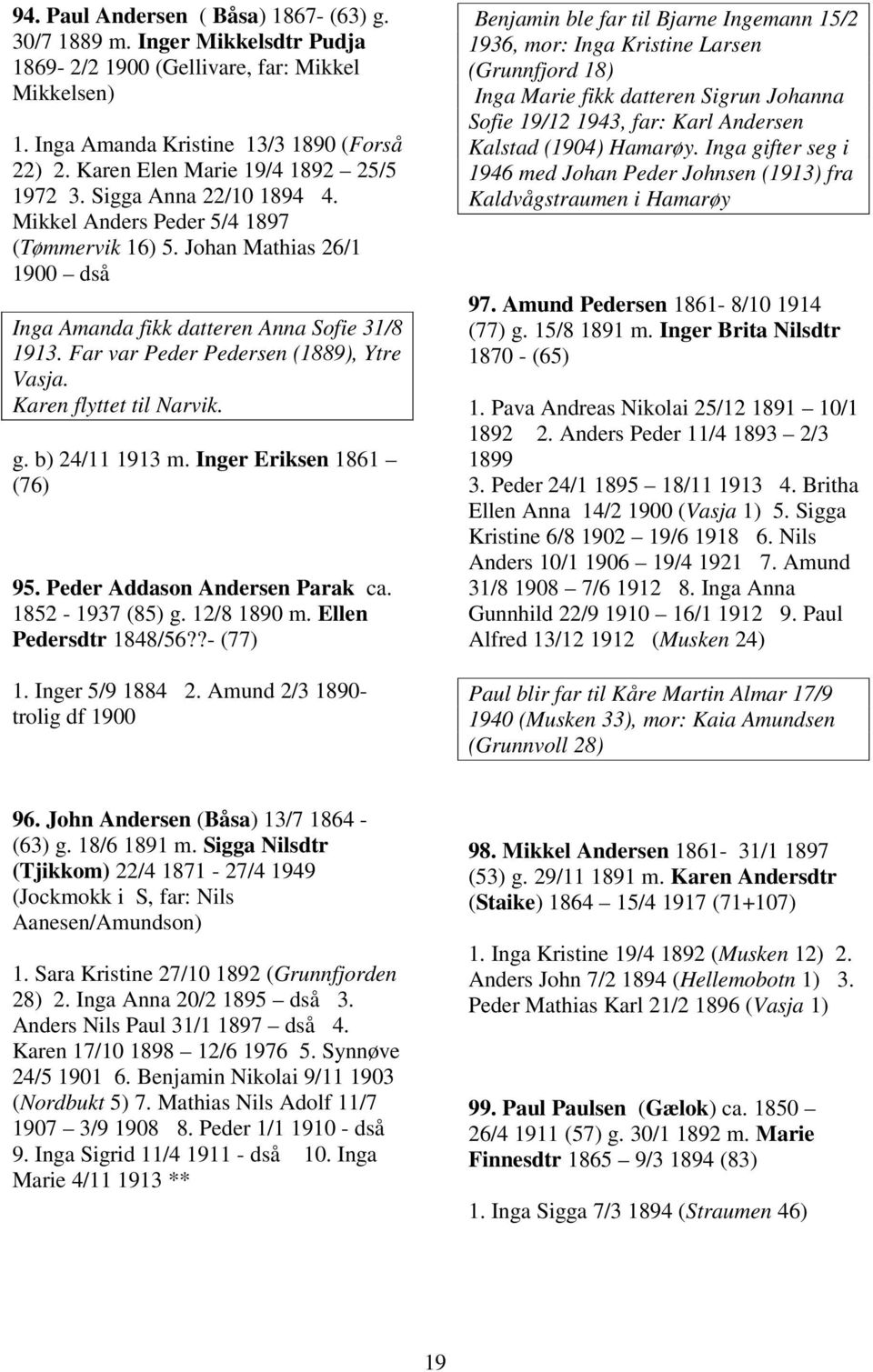 Far var Peder Pedersen (1889), Ytre Vasja. Karen flyttet til Narvik. g. b) 24/11 1913 m. Inger Eriksen 1861 (76) 95. Peder Addason Andersen Parak ca. 1852-1937 (85) g. 12/8 1890 m.