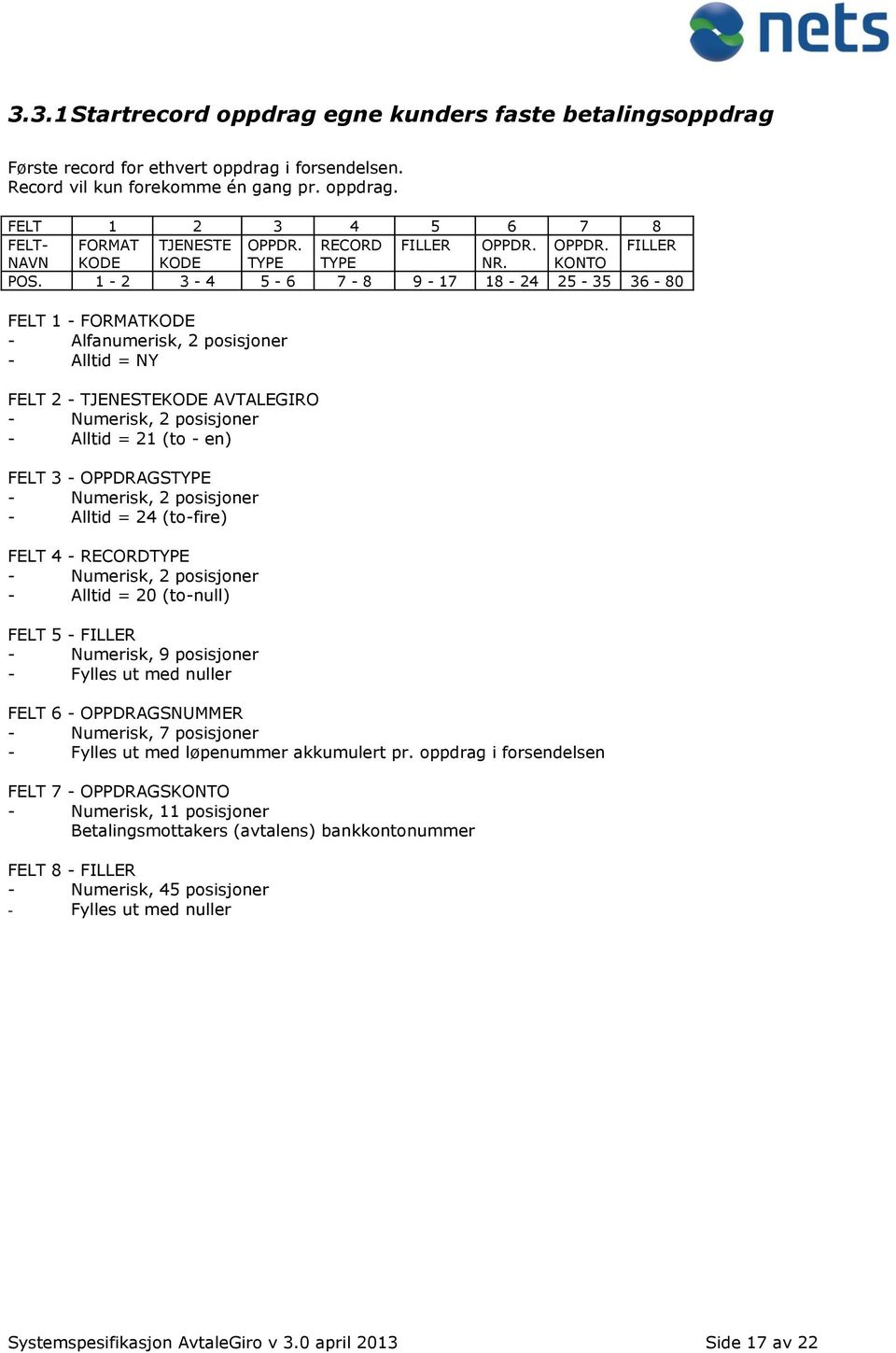 1-2 3-4 5-6 7-8 9-17 18-24 25-35 36-80 FELT 2 - TJENESTEKODE AVTALEGIRO - Alltid = 21 (to - en) FELT 3 - OPPDRAGSTYPE - Alltid = 24 (to-fire) - Alltid = 20 (to-null) FELT 5 - FILLER - Numerisk, 9