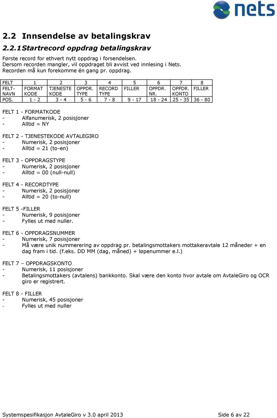 1-2 3-4 5-6 7-8 9-17 18-24 25-35 36-80 FELT 2 - TJENESTEKODE AVTALEGIRO - Alltid = 21 (to-en) FELT 3 - OPPDRAGSTYPE - Alltid = 00 (null-null) - Alltid = 20 (to-null) FELT 5 -FILLER - Numerisk, 9