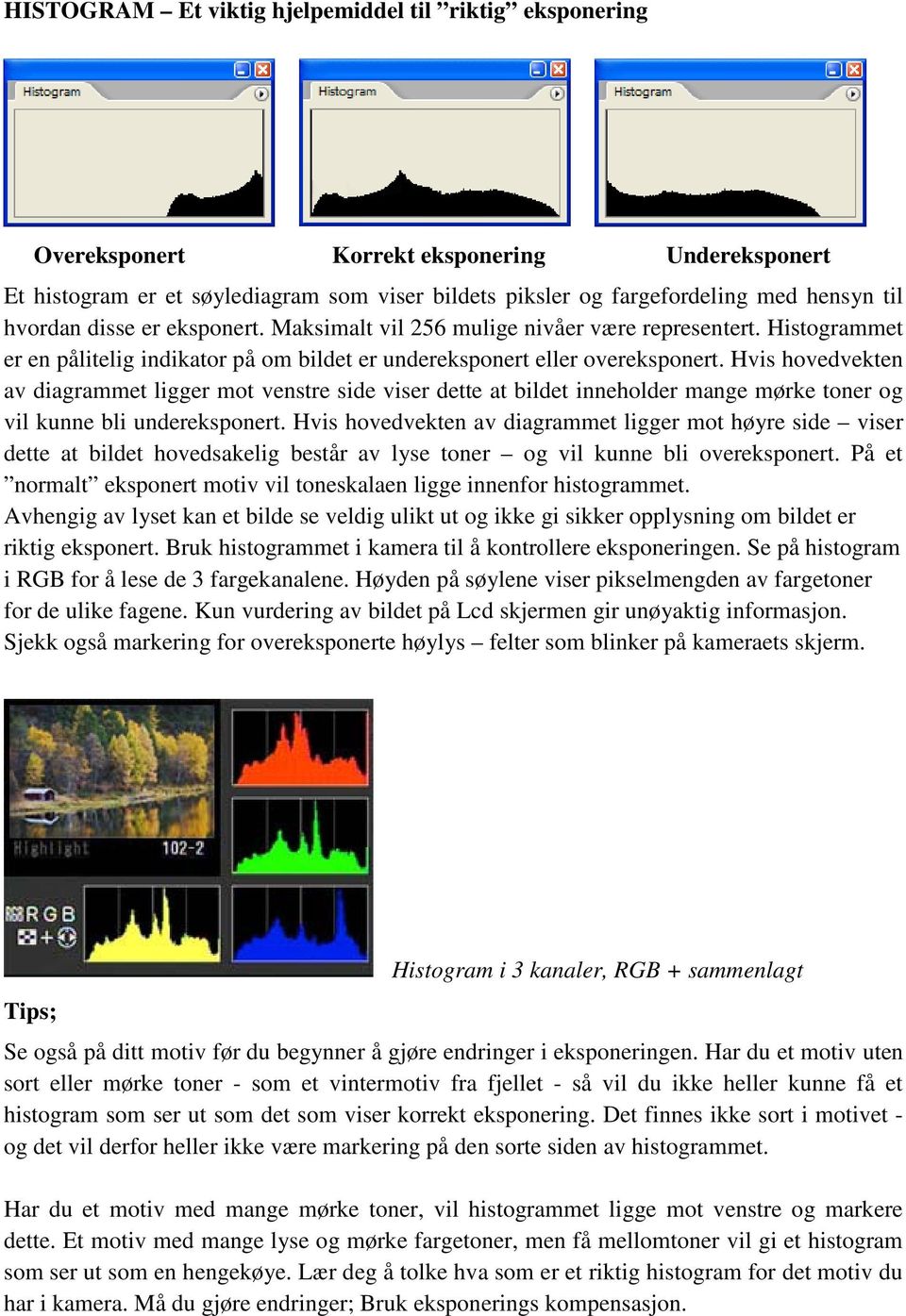 Hvis hovedvekten av diagrammet ligger mot venstre side viser dette at bildet inneholder mange mørke toner og vil kunne bli undereksponert.