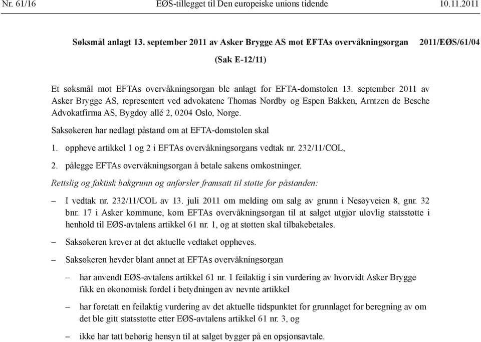 september 2011 av Asker Brygge AS, representert ved advokatene Thomas Nordby og Espen Bakken, Arntzen de Besche Advokatfirma AS, Bygdøy allé 2, 0204 Oslo, Norge.