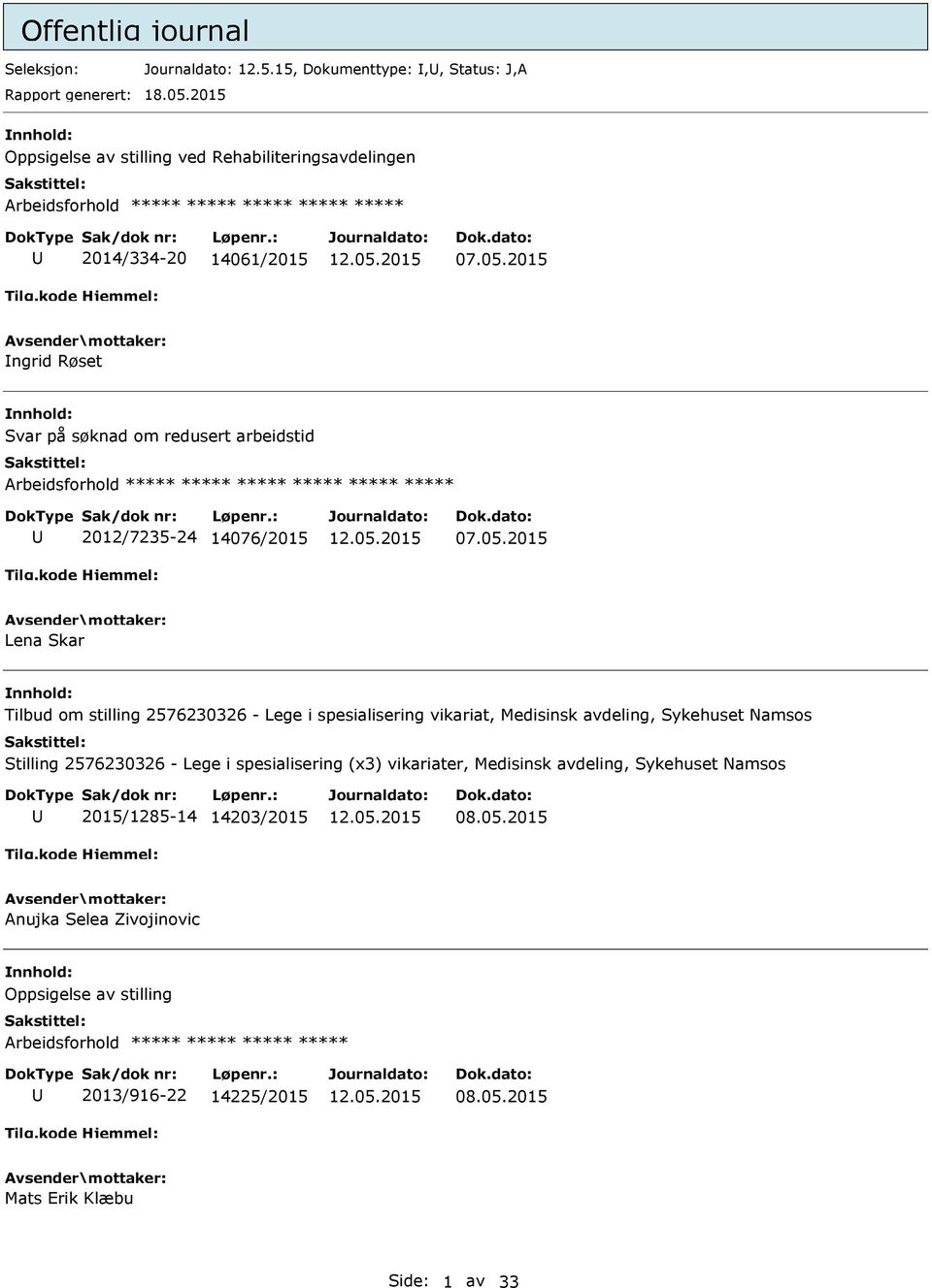 2015 ngrid Røset Svar på søknad om redusert arbeidstid ***** ***** 2012/7235-24 14076/2015 07.05.