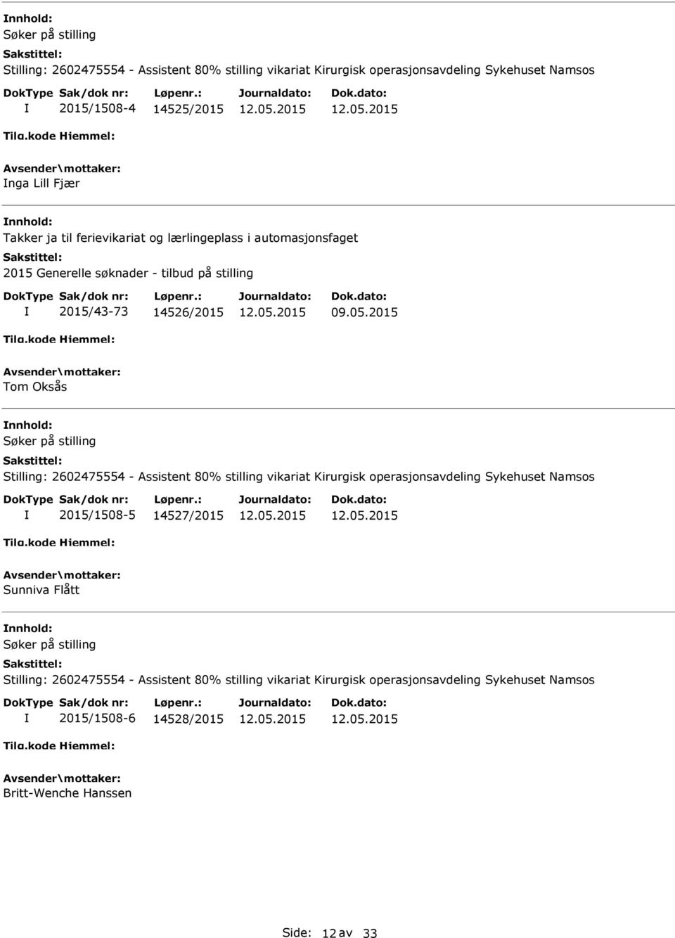 2015 Tom Oksås Stilling: 2602475554 - Assistent 80% stilling vikariat Kirurgisk operasjonsavdeling Sykehuset Namsos 2015/1508-5 14527/2015 Sunniva