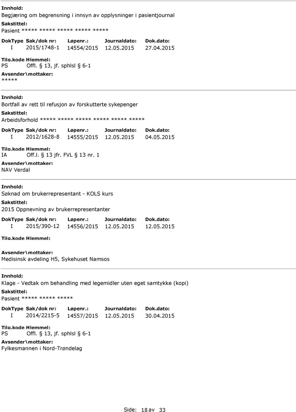 2015 Søknad om brukerrepresentant - KOLS kurs 2015 Oppnevning av brukerrepresentanter 2015/390-12 14556/2015 Medisinsk avdeling H5, Sykehuset Namsos