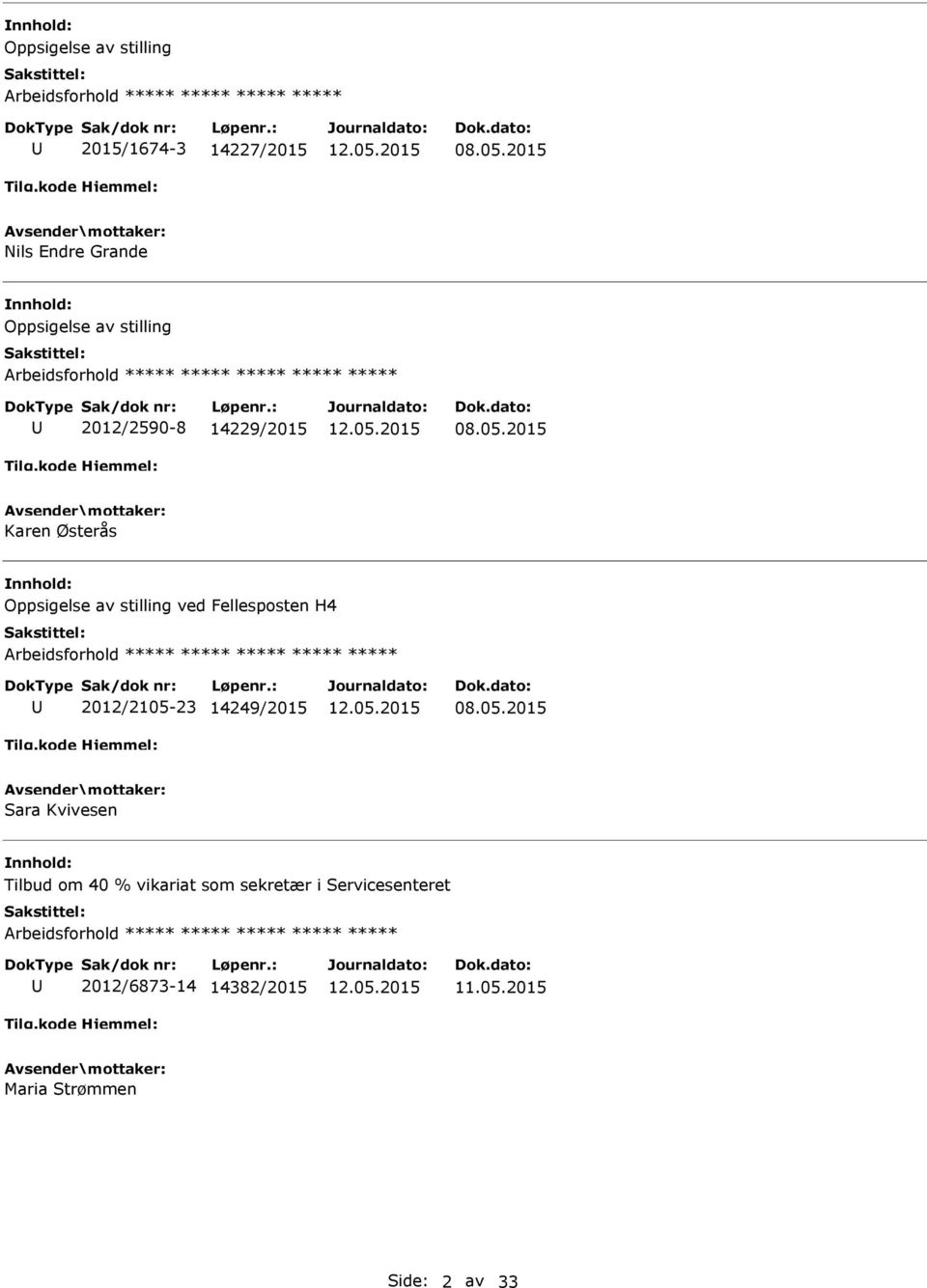 Fellesposten H4 ***** 2012/2105-23 14249/2015 Sara Kvivesen Tilbud om 40 % vikariat