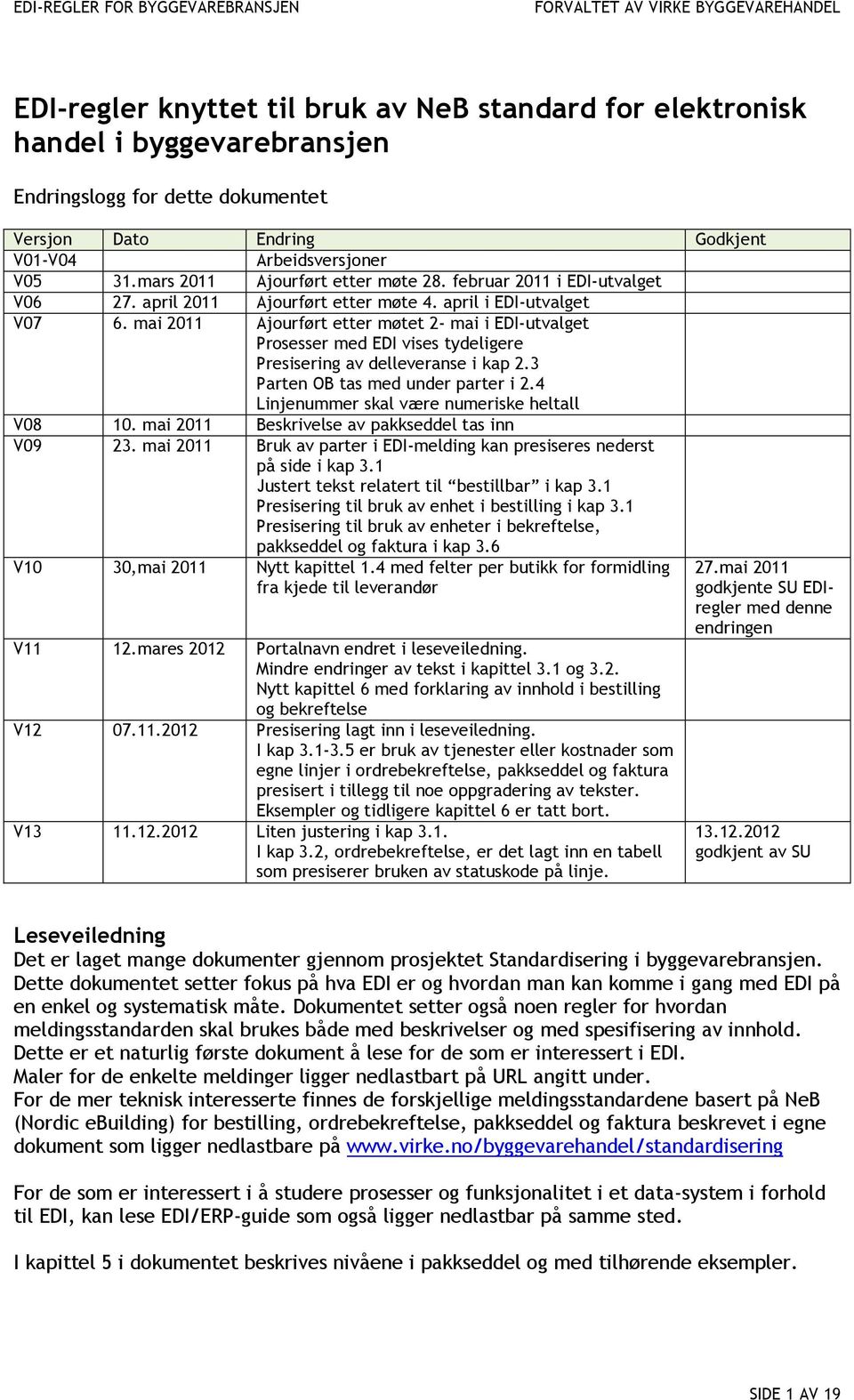 mai 2011 Ajourført etter møtet 2- mai i EDI-utvalget Prosesser med EDI vises tydeligere Presisering av delleveranse i kap 2.3 Parten OB tas med under parter i 2.