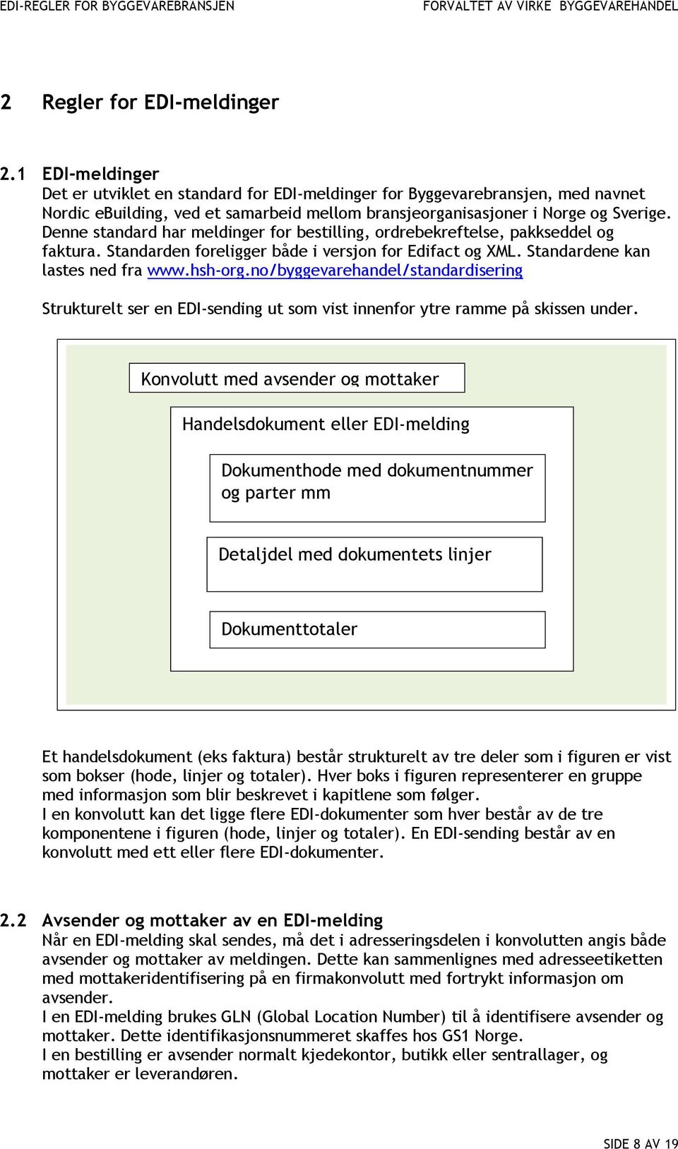 Denne standard har meldinger for bestilling, ordrebekreftelse, pakkseddel og faktura. Standarden foreligger både i versjon for Edifact og XML. Standardene kan lastes ned fra www.hsh-org.