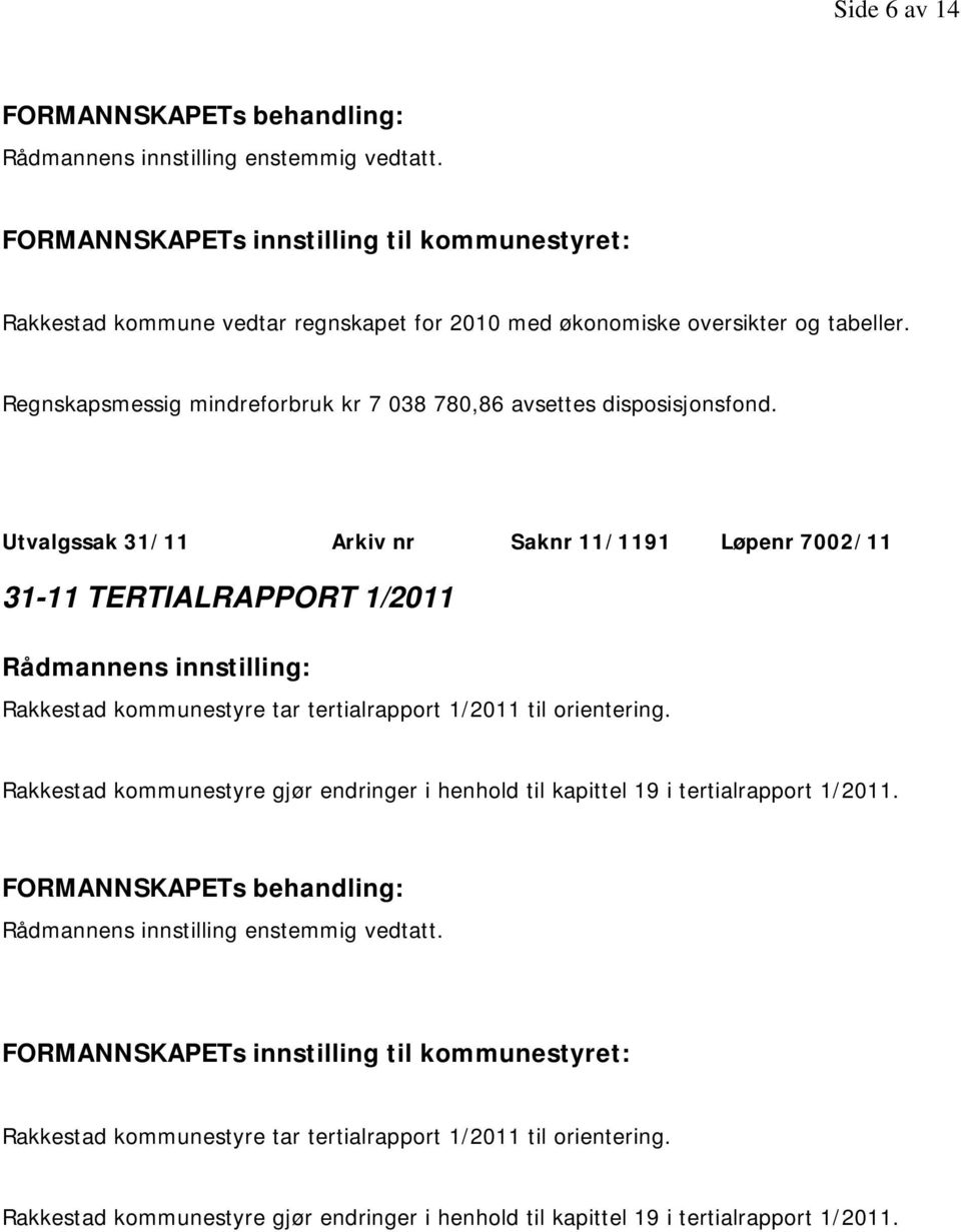 Utvalgssak 31/11 Arkiv nr Saknr 11/1191 Løpenr 7002/11 31-11 TERTIALRAPPORT 1/2011 Rakkestad kommunestyre tar tertialrapport 1/2011 til orientering.