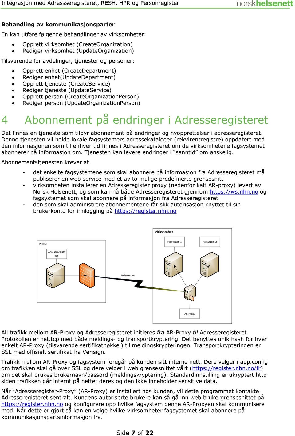 Rediger person (UpdateOrganizationPerson) 4 Abonnement på endringer i Adresseregisteret Det finnes en tjeneste som tilbyr abonnement på endringer og nyopprettelser i adresseregisteret.