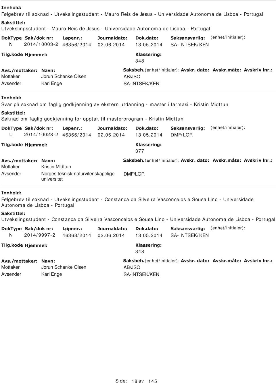 2014 Mottaker Jorun Schanke Olsen AB/JSO Svar på søknad om faglig godkjenning av ekstern utdanning - master i farmasi - Kristin Midttun Søknad om faglig godkjenning for opptak til masterprogram -